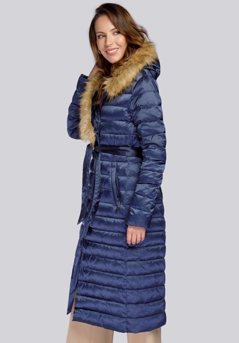 Palton de puf de damă cu blană artificială asimetrică, bleumarin, 93-9D-408-1-2XL, Fotografie 3