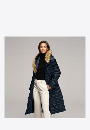 Palton de puf de damă cu glugă, bleumarin, 91-9D-400-7-S, Fotografie 1
