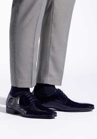 Pantofi bărbați Derby clasic pentru din piele lăcuită, bleumarin, 96-M-502-N-44, Fotografie 1