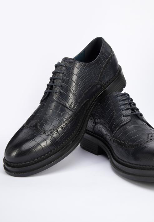 Pantofi bărbați din piele croco, bleumarin, 95-M-504-N-44, Fotografie 7