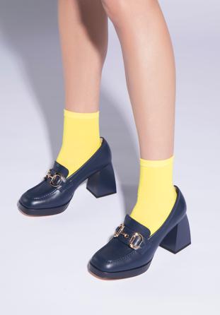 Pantofi cu platformă din piele cu cataramă, bleumarin, 96-D-508-N-37, Fotografie 1