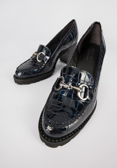 Pantofi damă cu toc lat din piele lăcuite pe platformă, bleumarin, 95-D-100-1L-40, Fotografie 8
