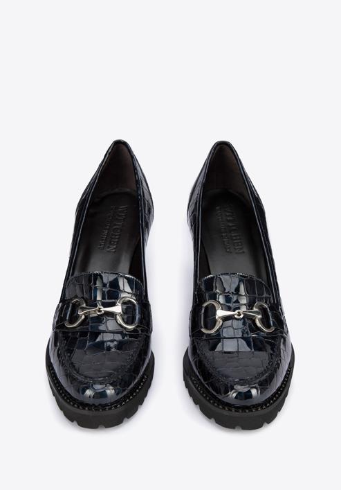 Pantofi damă cu toc lat din piele lăcuite pe platformă, bleumarin, 95-D-100-1-39_5, Fotografie 3