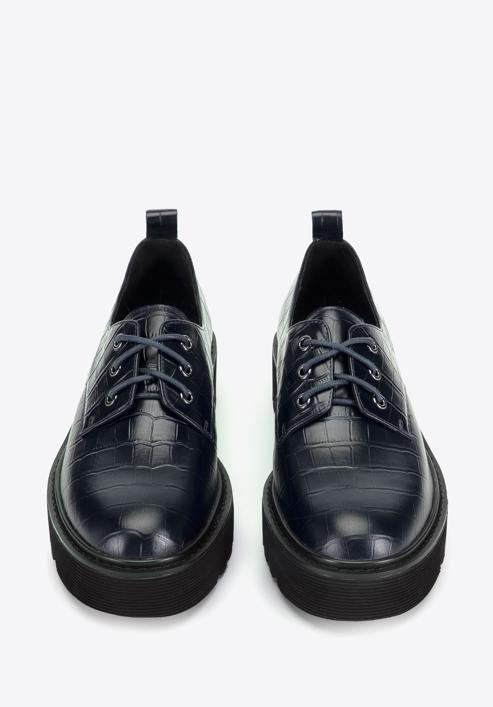 Pantofi de damă cu platformă din piele croco, bleumarin, 95-D-522-1-41, Fotografie 3