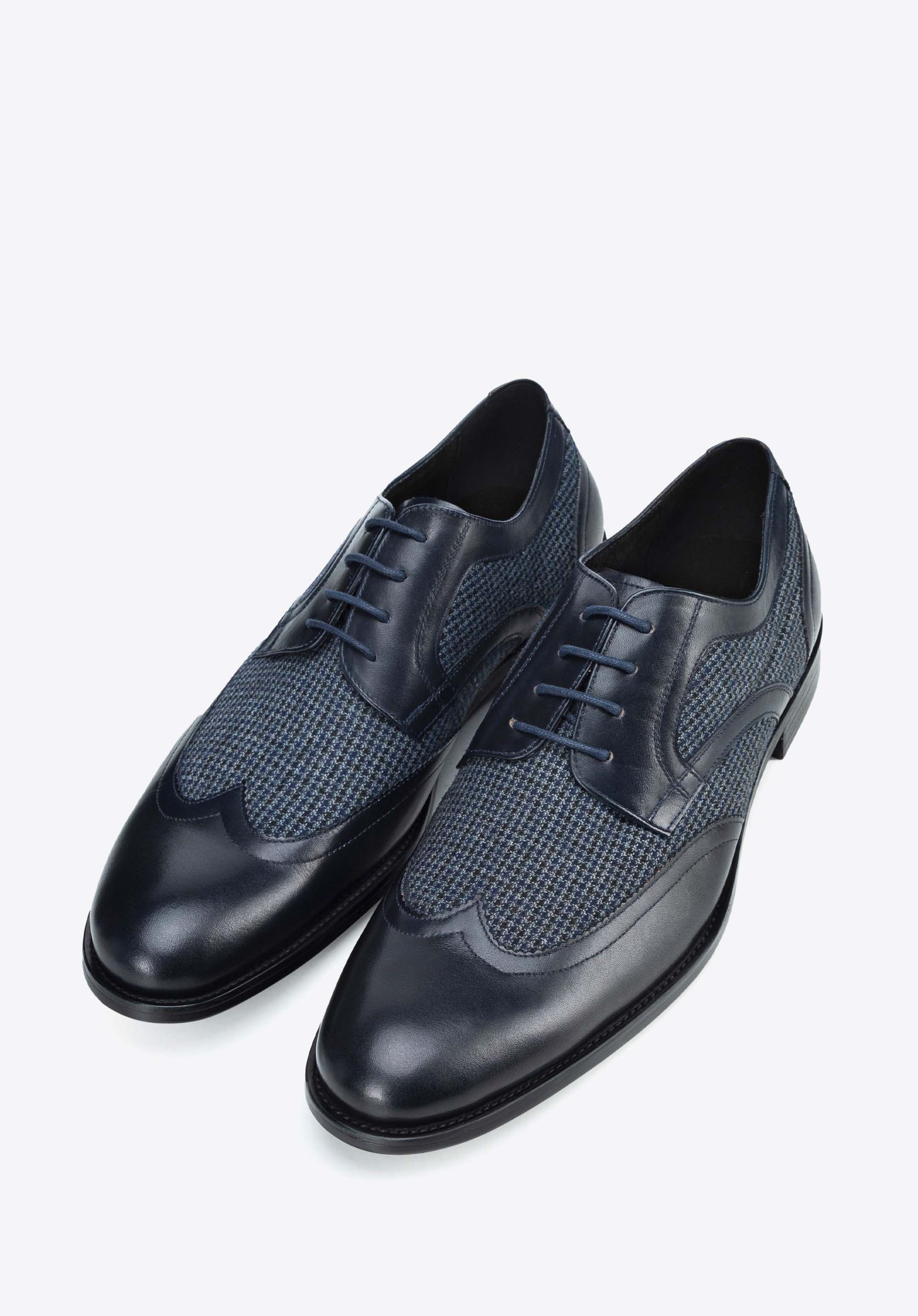 Pantofi derby bărbaţi piele cu detalii textile, bleumarin, 100-M-706-N-43, Fotografie 1