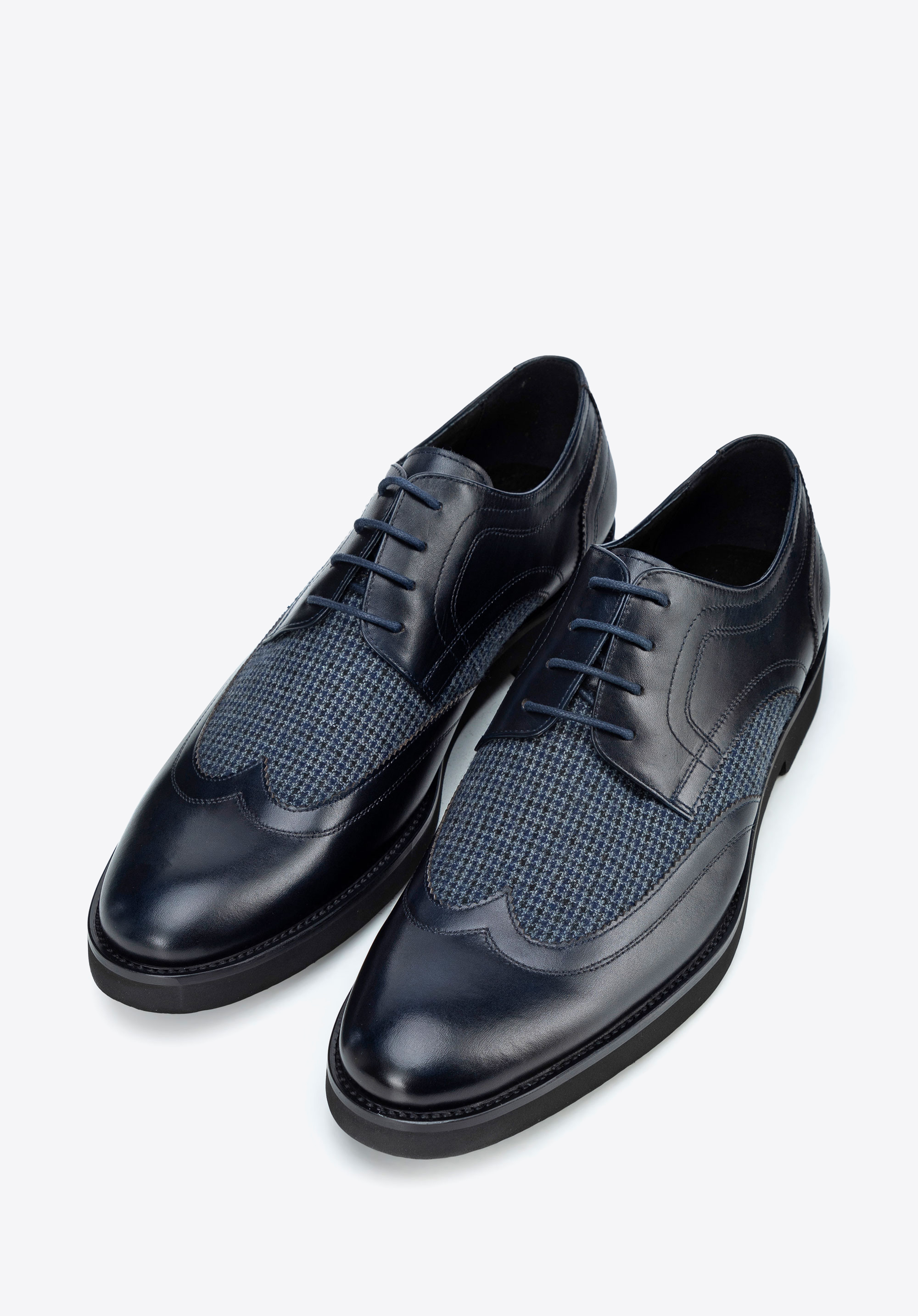 Pantofi derby din piele cu detalii, bleumarin, 100-M-707-N-44, Fotografie 1