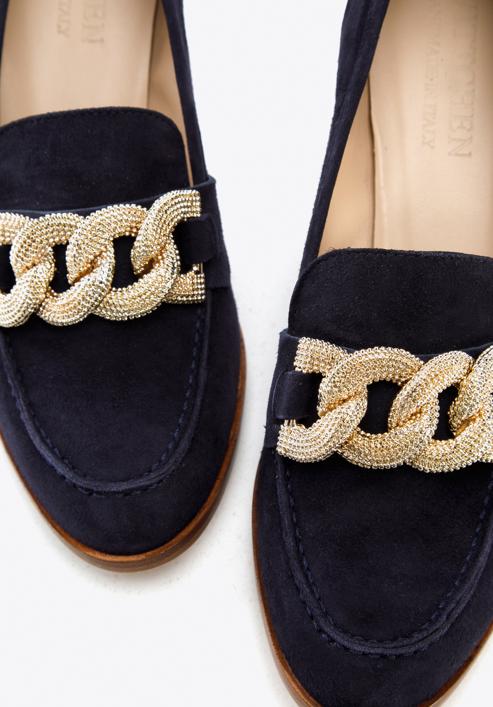 Pantofi din piele de căprioară cu lanț decorativ, bleumarin, 96-D-110-N-39, Fotografie 7