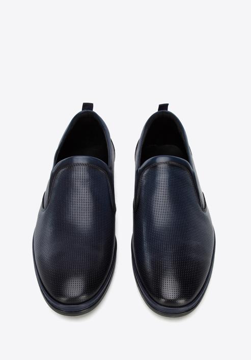 Pantofi pentru bărbați din piele perforată cu benzi elastice, bleumarin, 96-M-515-1-45, Fotografie 2