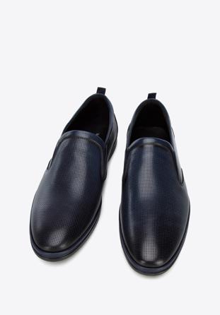 Pantofi pentru bărbați din piele perforată cu benzi elastice, bleumarin, 96-M-515-N-42, Fotografie 1