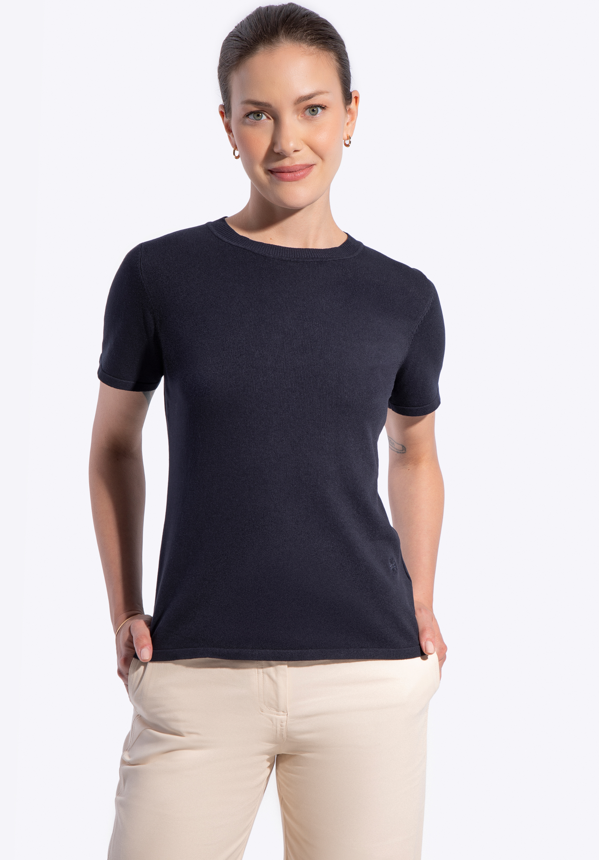 Pulover cu mânecă scurtă pentru femei, confecționat din viscoză și nailon, bleumarin, 29-99-004-N-XL, Fotografie 1