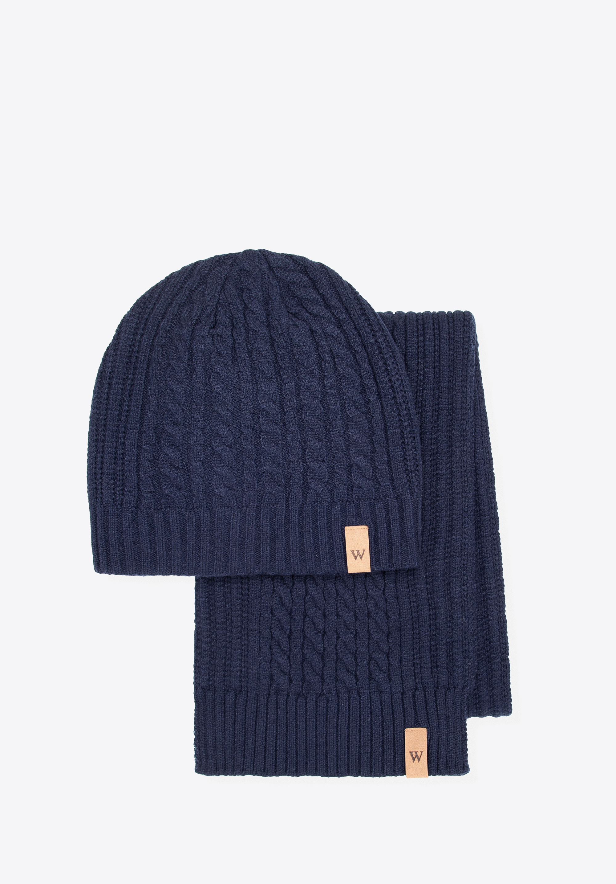 Set clasic de iarnă tricotat cu împletituri, bleumarin, 101-SF-007-7, Fotografie 1