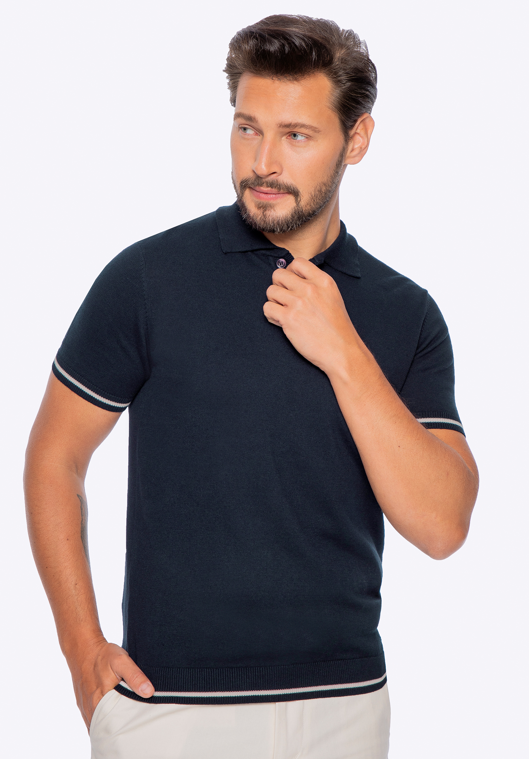 Tricou polo bărbătesc din bumbac cu garnitură contrastantă, bleumarin, M0-99-107-N-M, Fotografie 1