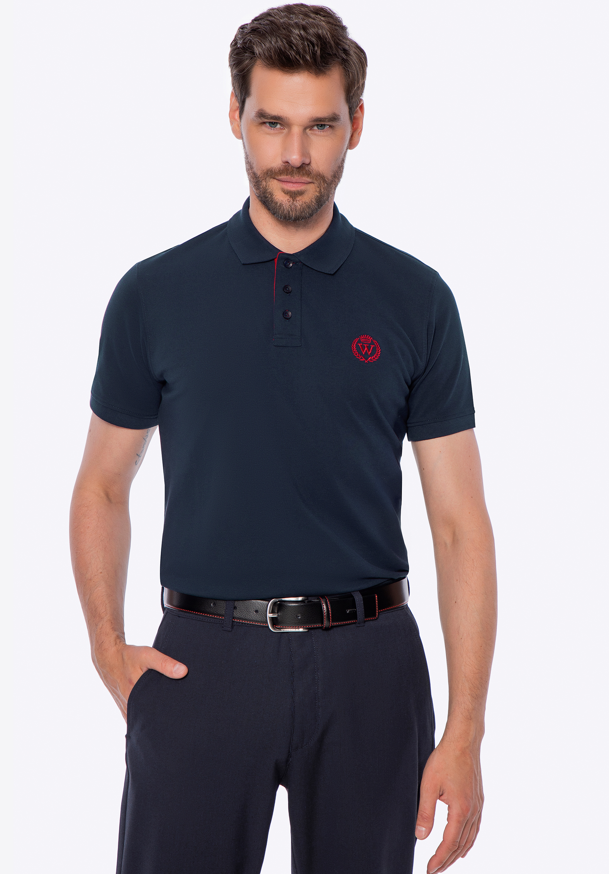 Tricou polo bărbătesc din bumbac cu logo colorat, bleumarin, M0-99-101-N-L, Fotografie 1