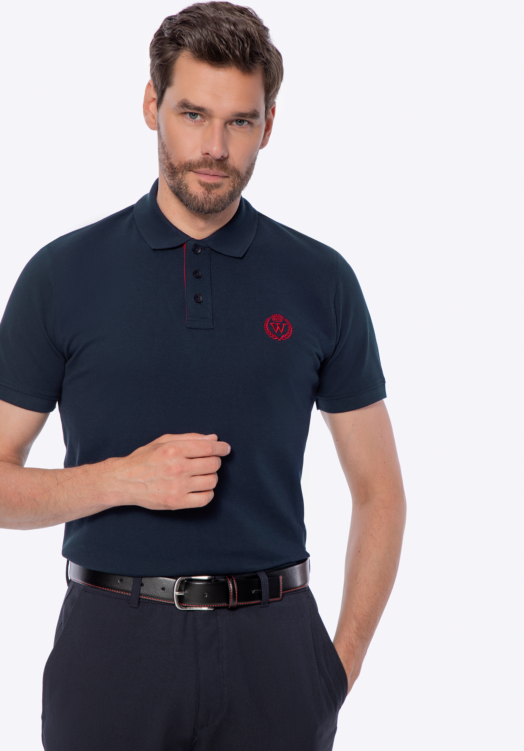 Tricou polo bărbătesc din bumbac cu logo colorat, bleumarin, M0-99-101-N-L, Fotografie 1