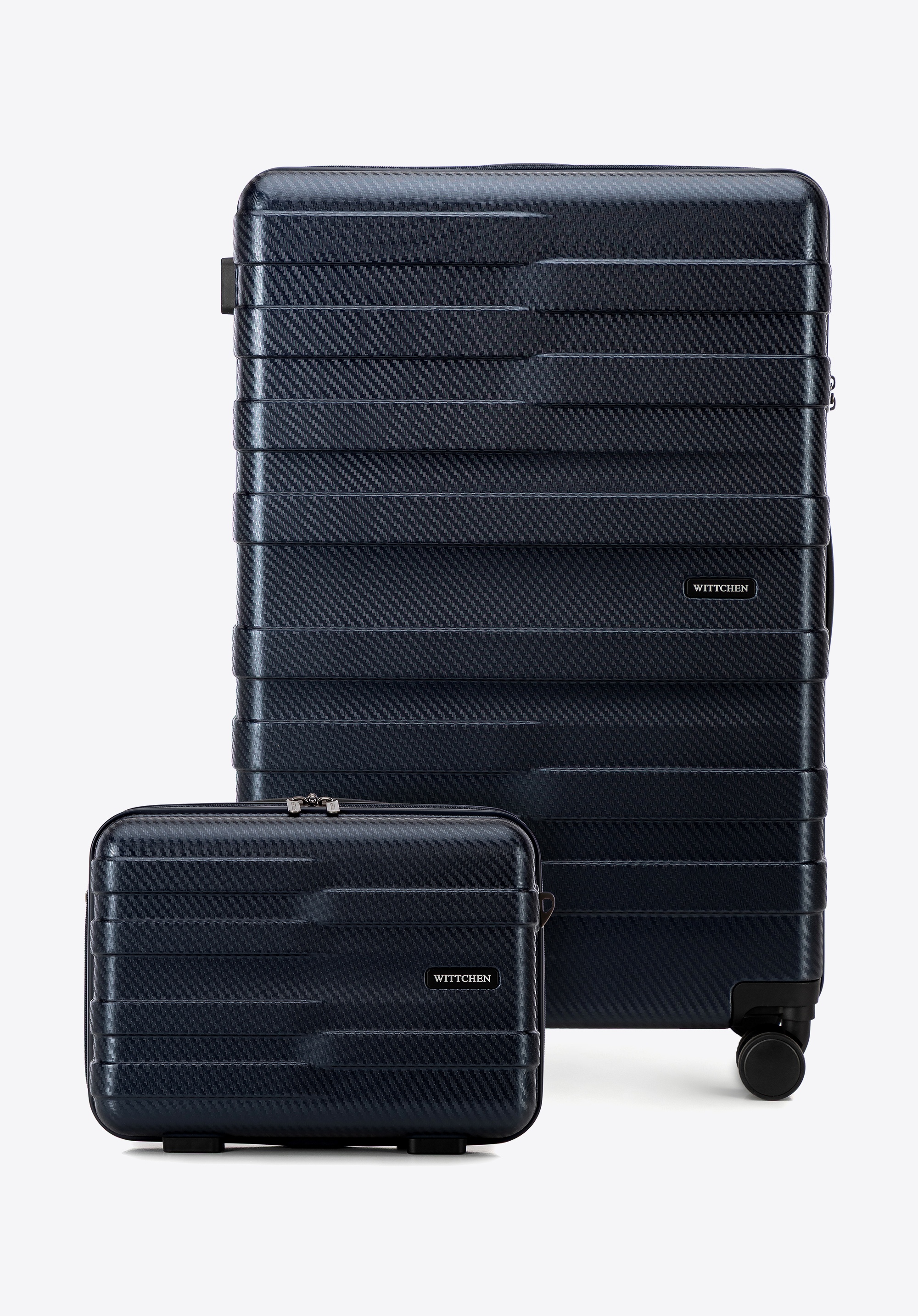 Valiză mare din policarbonat și trusă cosmetică cu dungi orizontale, bleumarin, 56-3P-583-90K, Fotografie 1