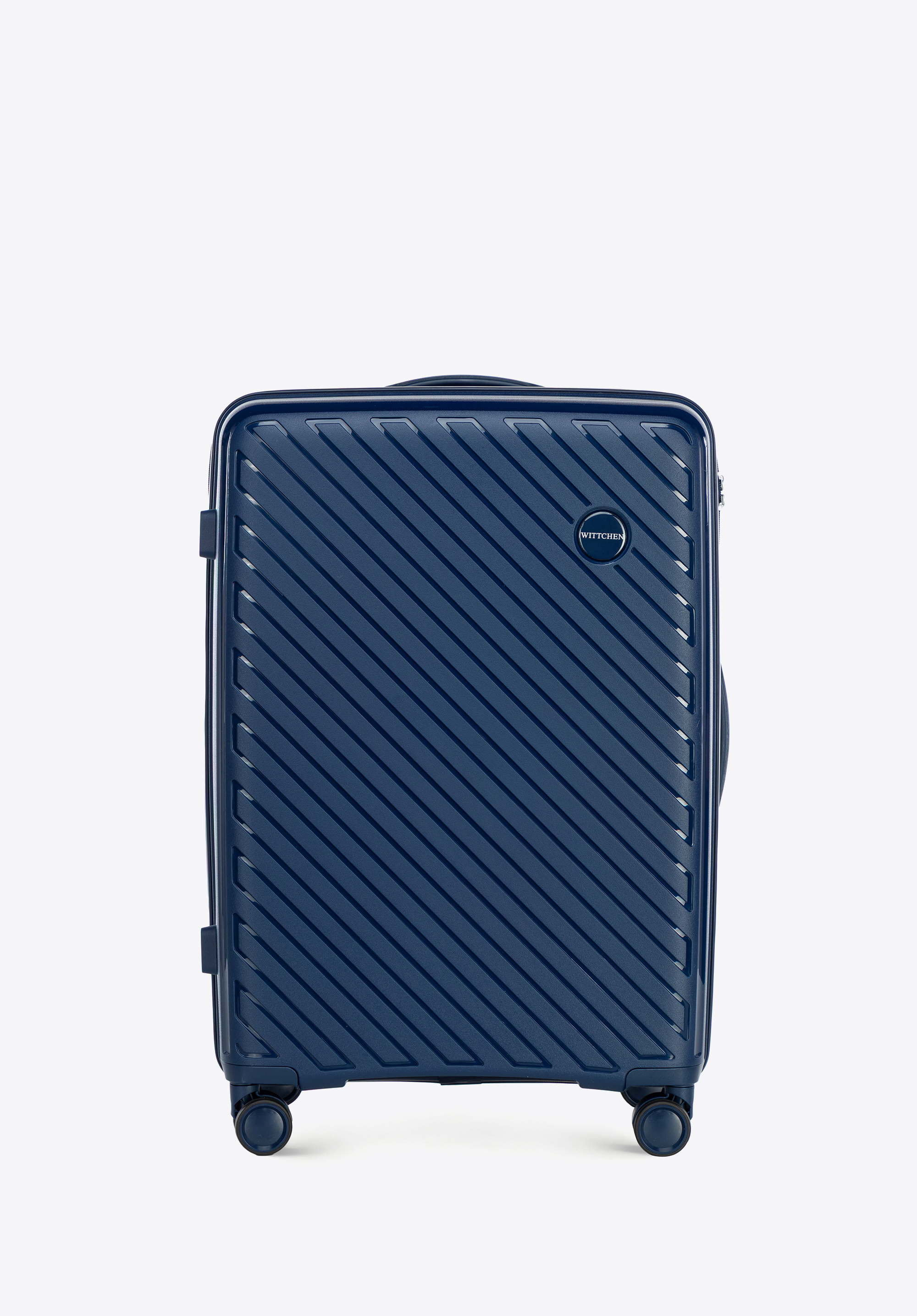 Valiză medie din polipropilenă cu dungi în relief, bleumarin, 56-3T-202-10, Fotografie 1