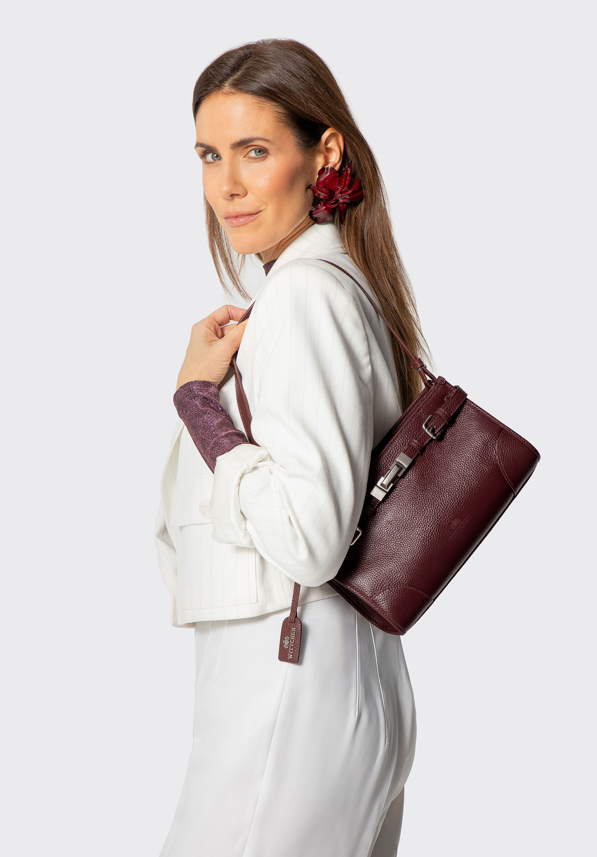 Dámska kabelka cez rameno s ozdobným popruhom, bordová, 101-4E-219-3, Obrázok 1