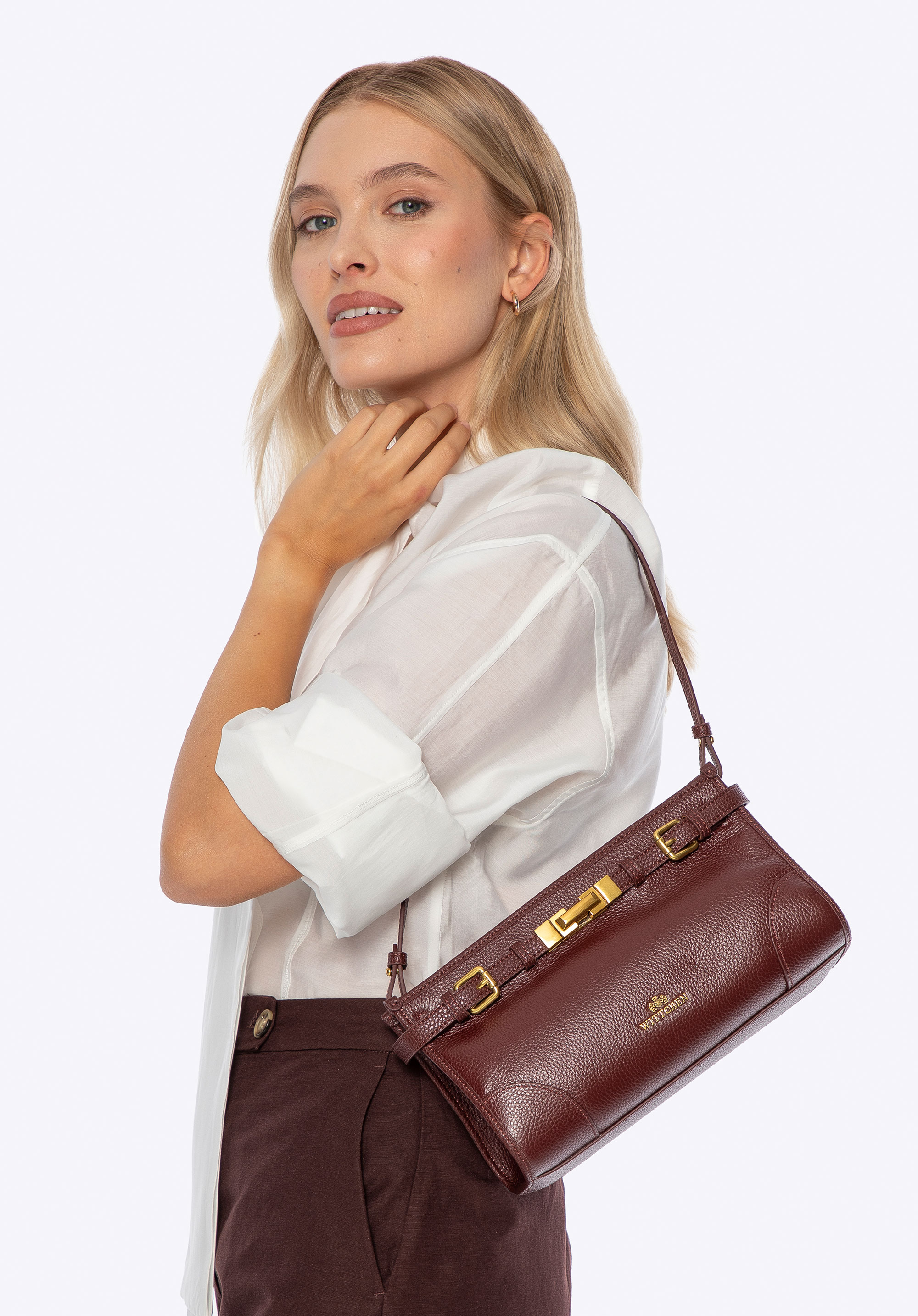 Dámska kožená kabelka cez rameno s kamienkovou textúrou, bordová, 101-4E-208-3, Obrázok 1