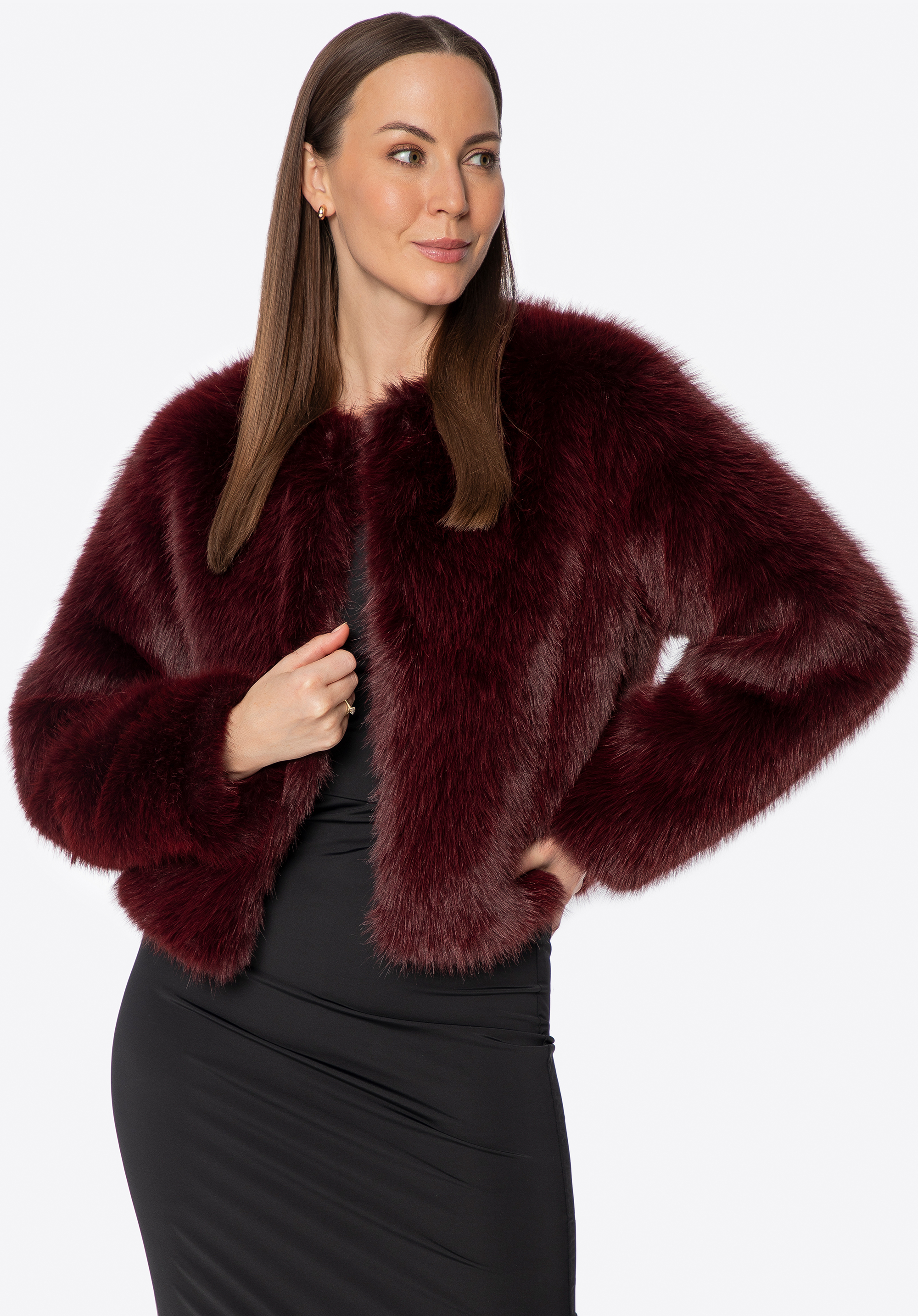 Dámska skrátená bunda z umelej kožušiny, bordová, 101-9W-505-3-XL, Obrázok 1