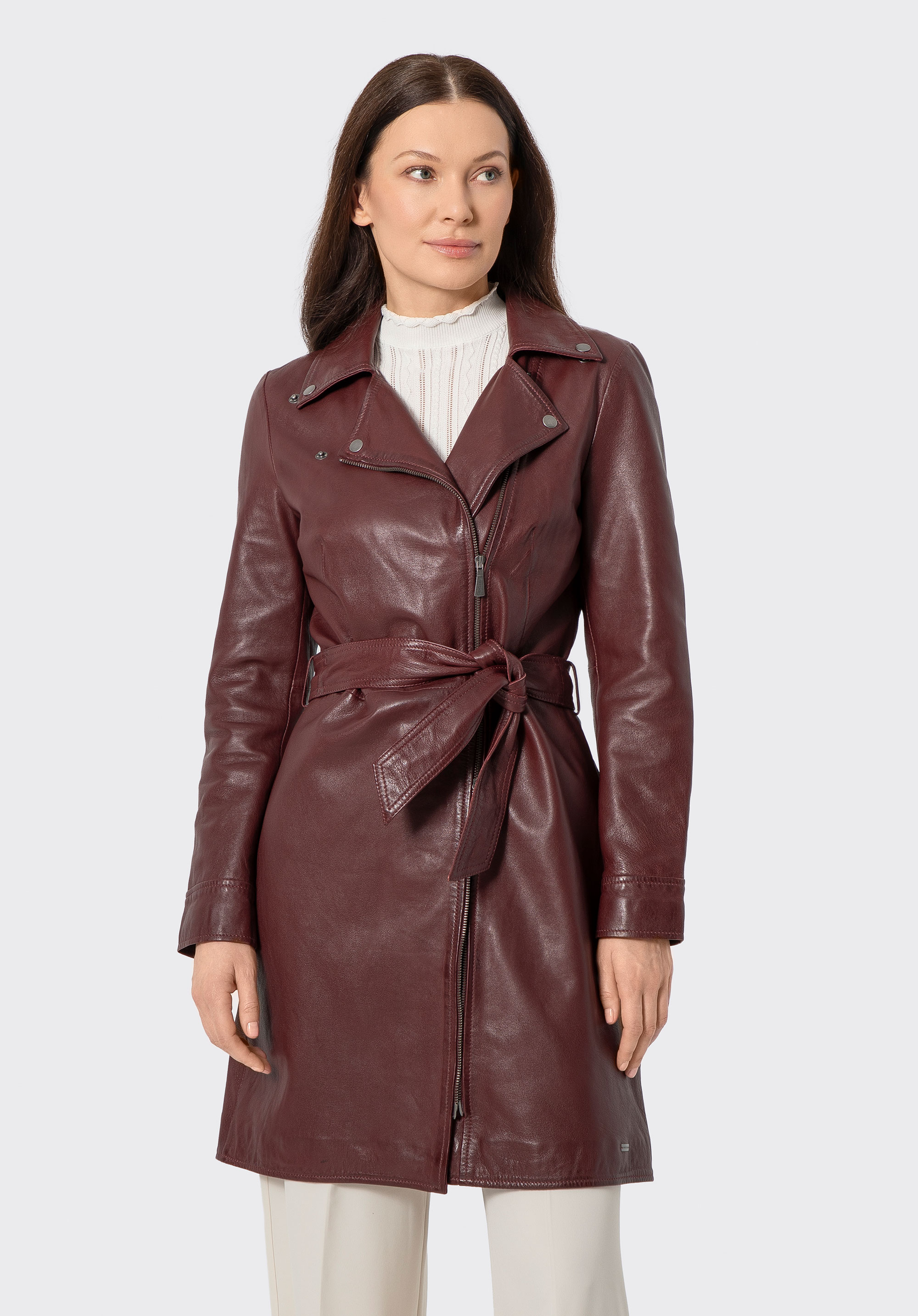 Dámsky kožený kabát s opaskom, bordová, 100-09-408-3-S, Obrázok 1