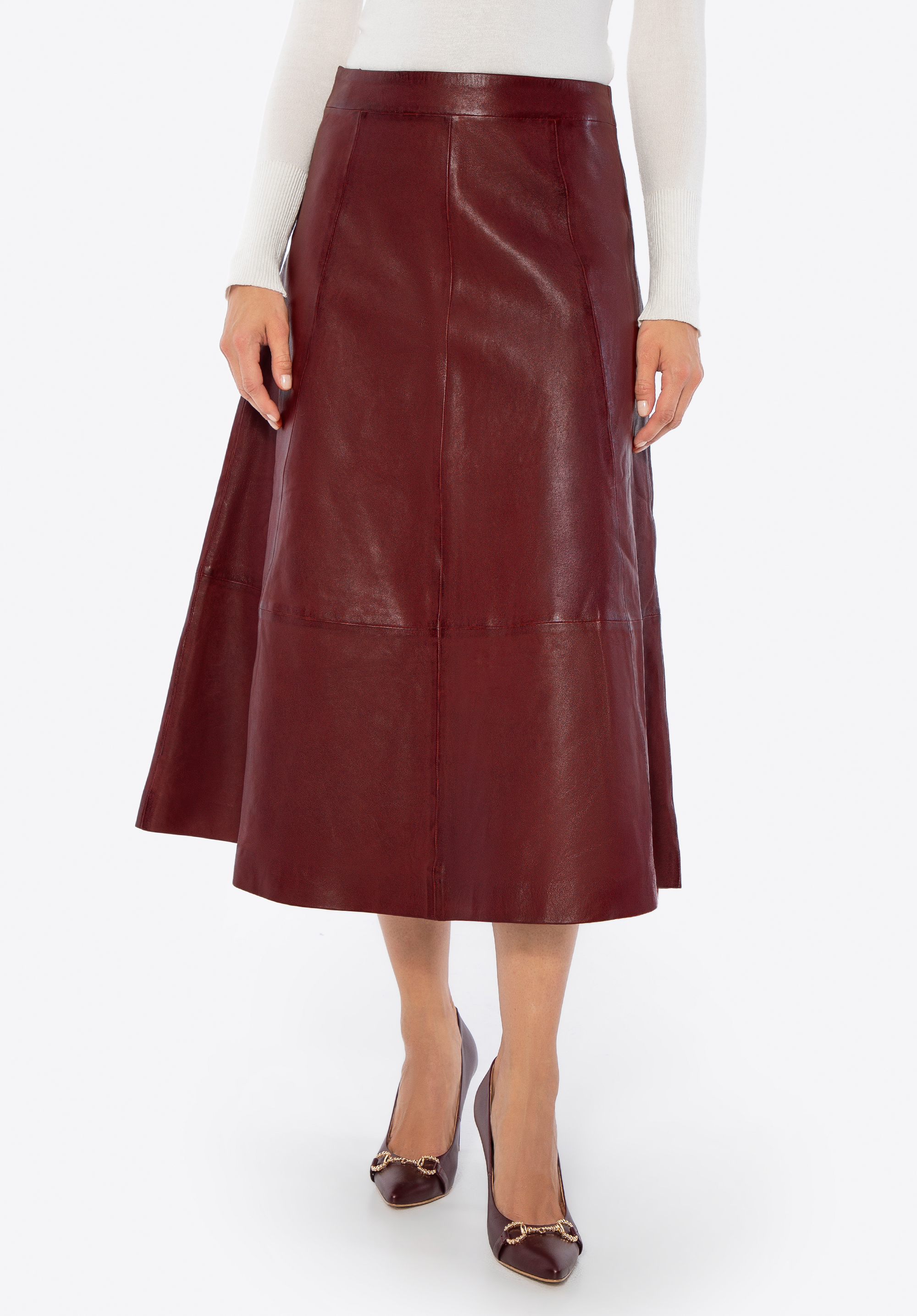 Kožená midi sukňa, bordová, 29-09-402-3-M, Obrázok 1
