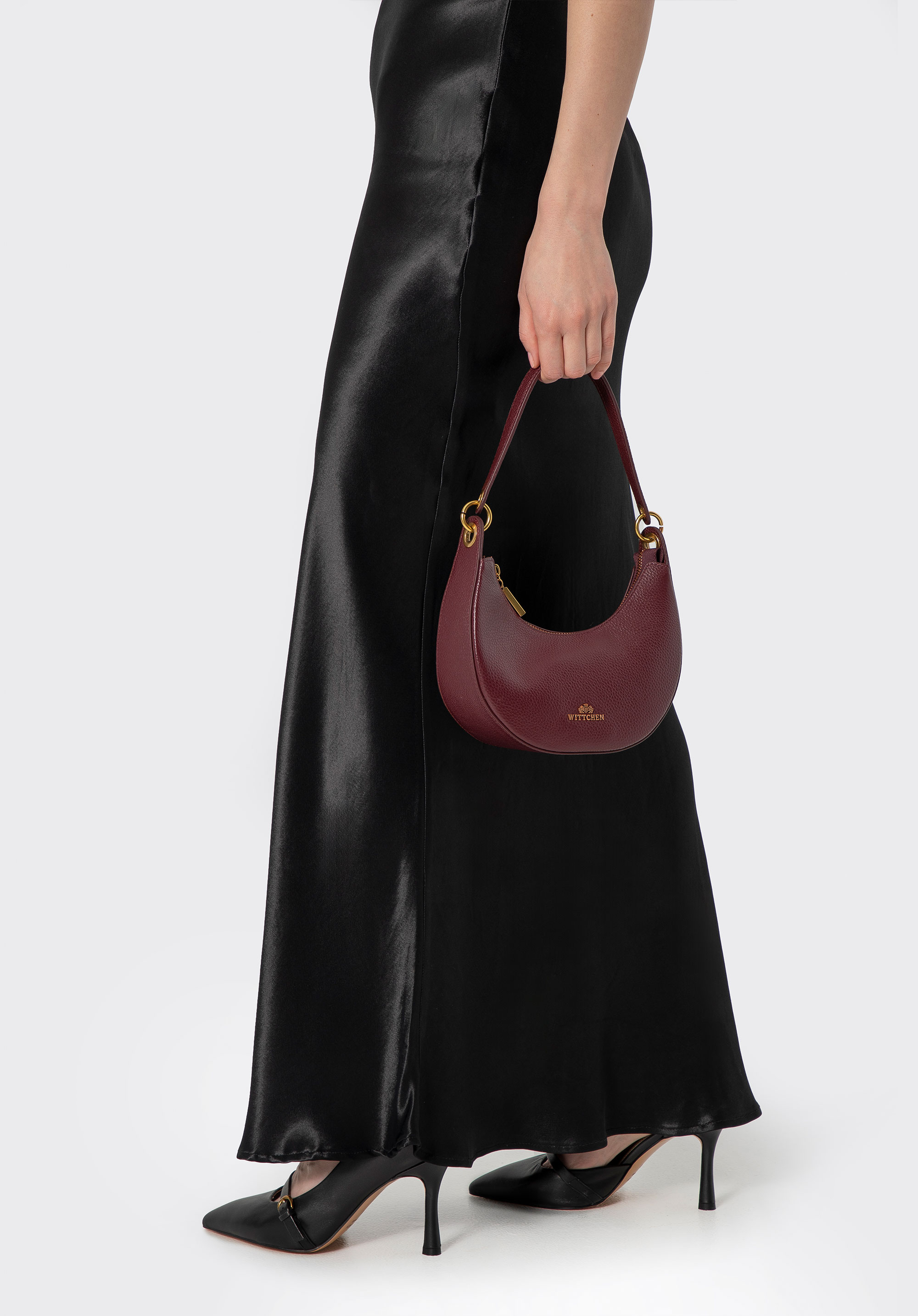 Kožená mini bagetová kabelka, bordová, 102-4E-214-3, Obrázok 1