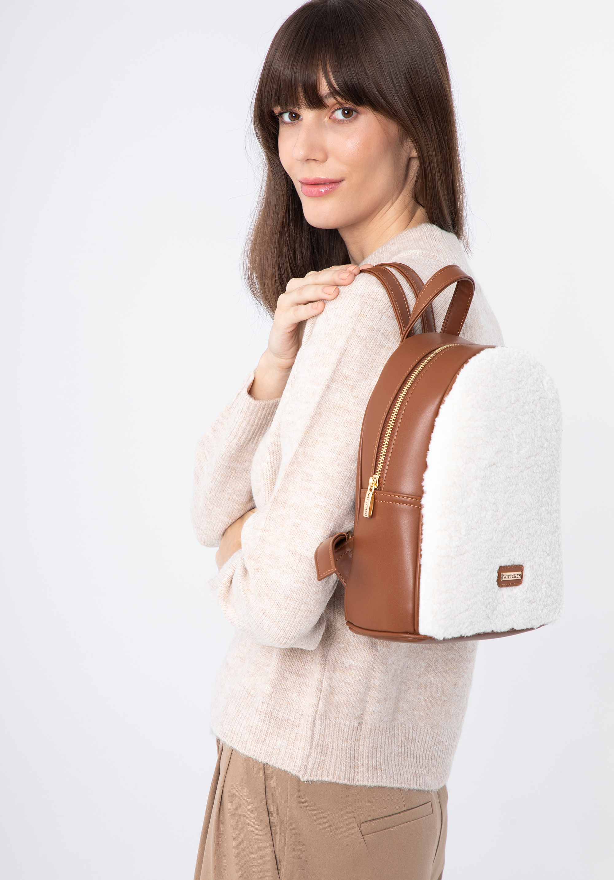Damenrucksack mit Kunstfellfront, braun-creme, 97-4Y-504-9, Bild 1