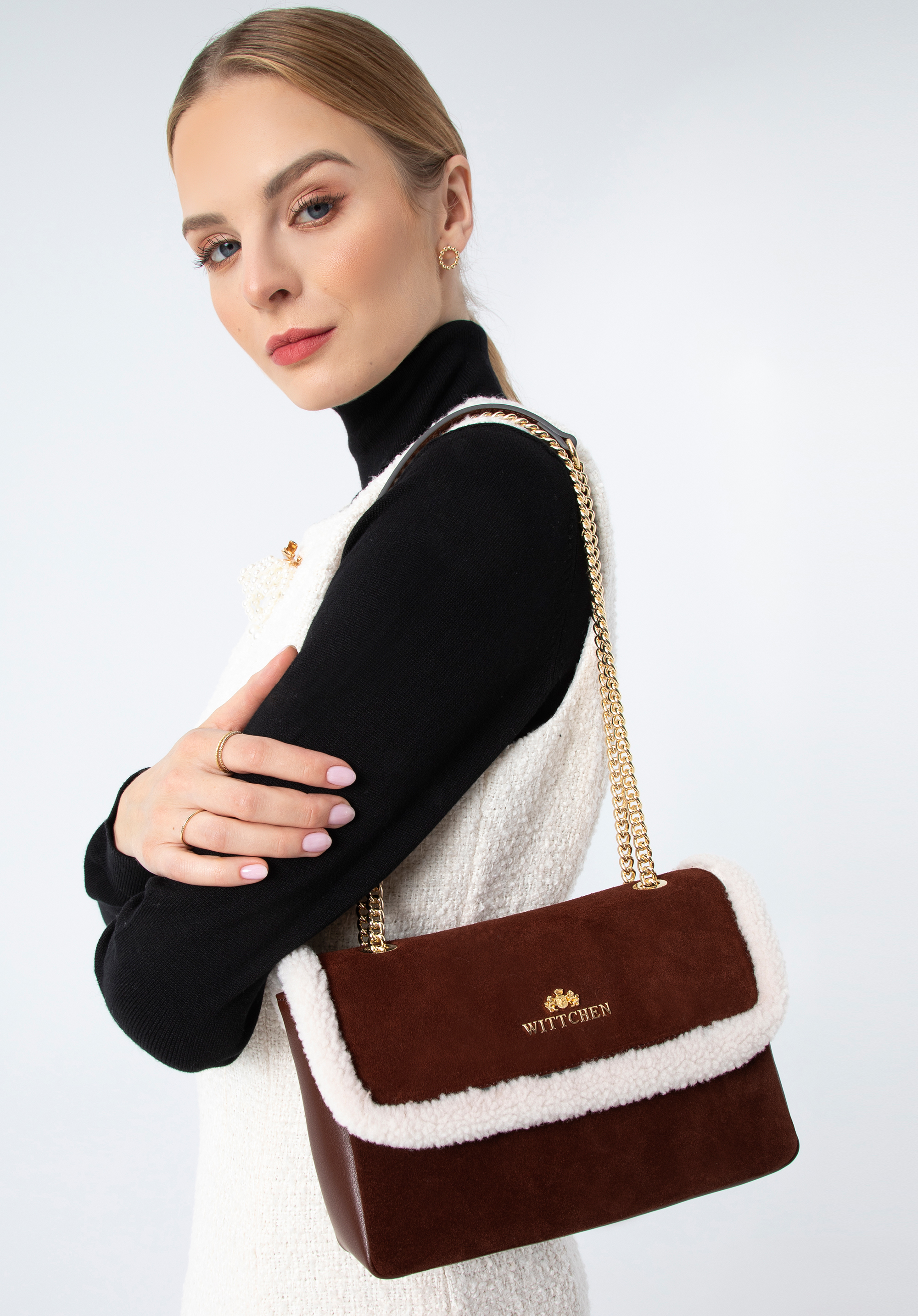 Umhängetasche für Damen aus Leder mit Kunstfell, braun-creme, 97-4E-606-4, Bild 1