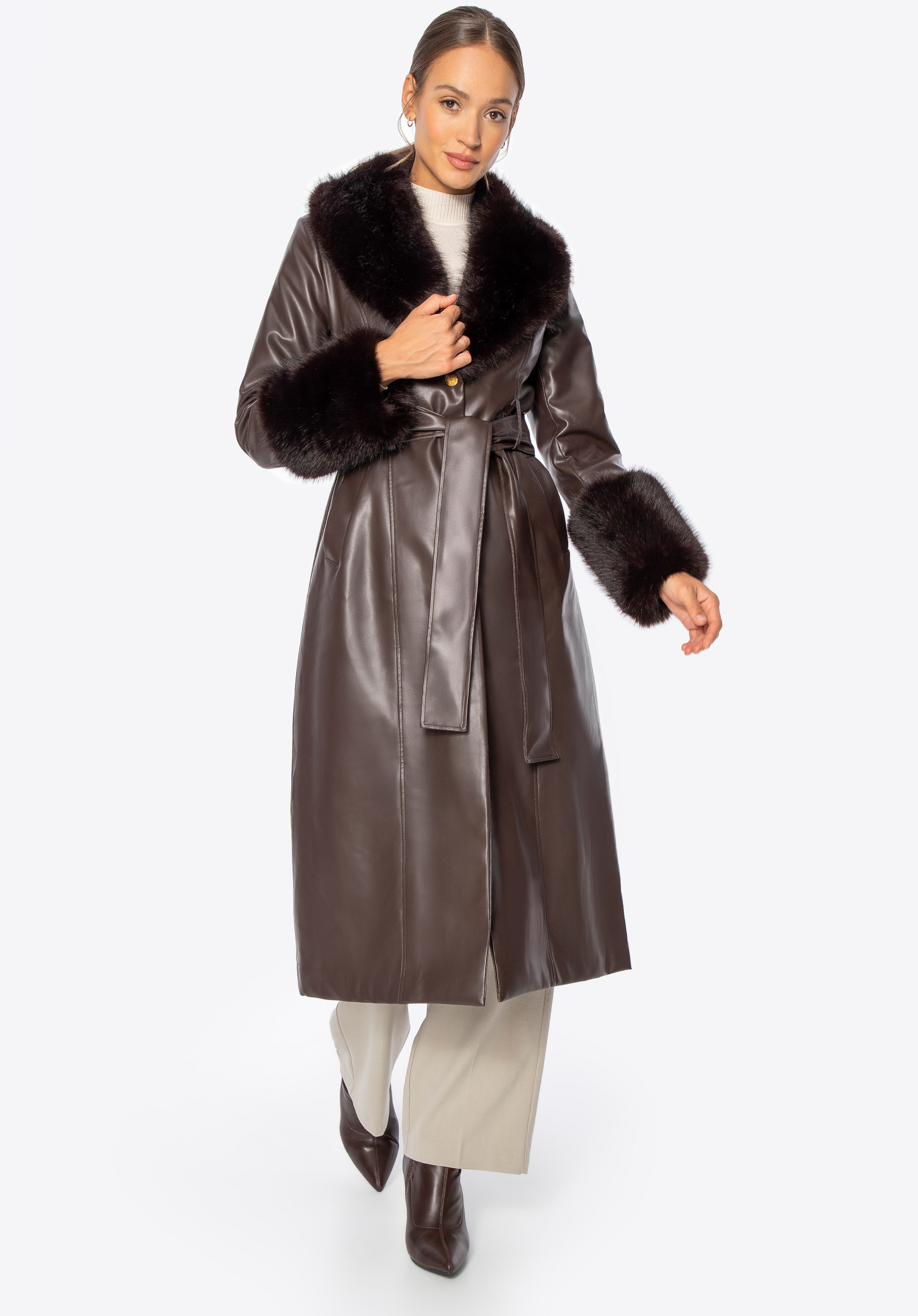 Damen Kunstledermantel mit Kunstfell, braun, 101-9P-200-4-S, Bild 1