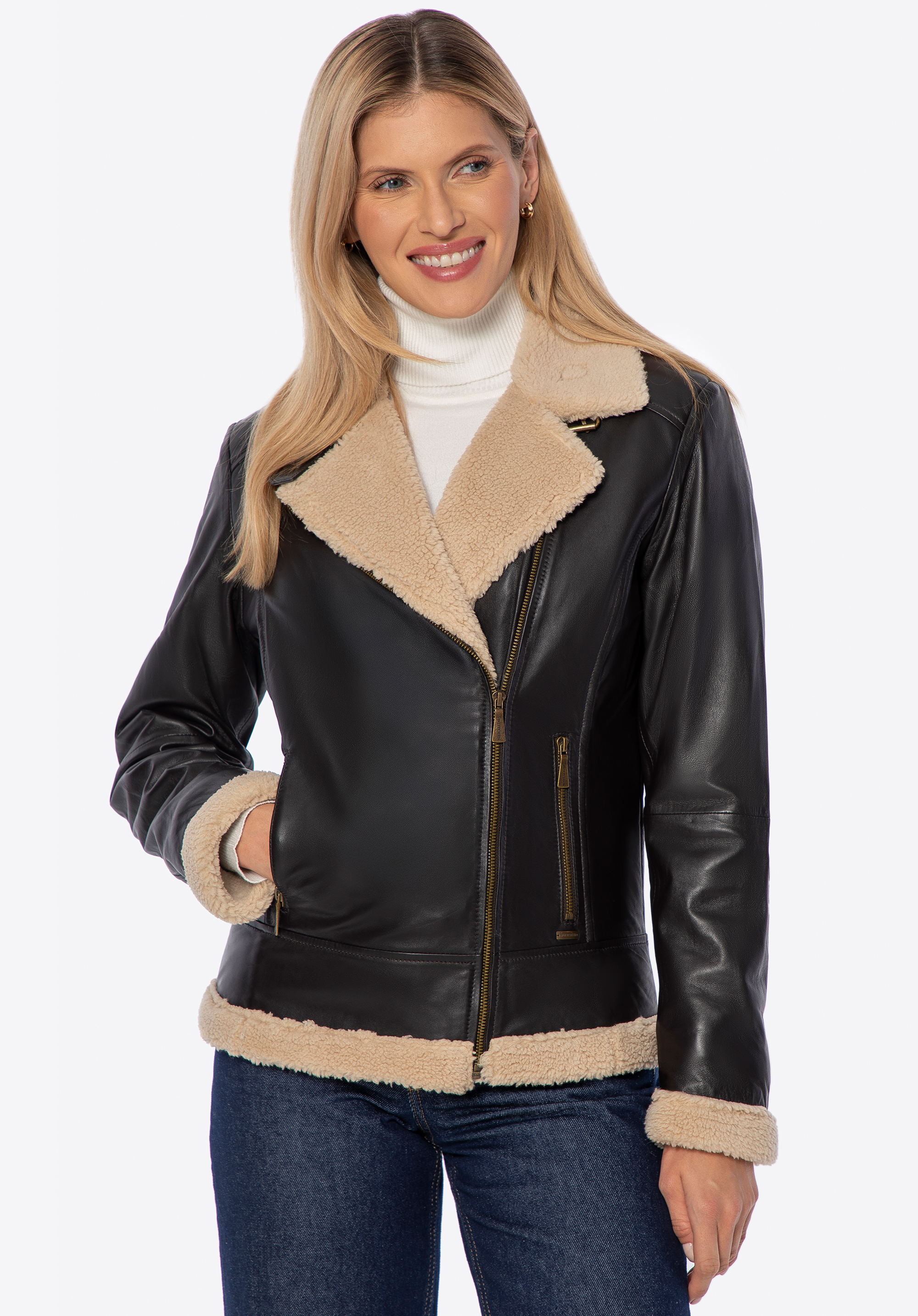 Damen Lederjacke mit Kunstpelzbesatz, braun, 101-09-800-4-S, Bild 1