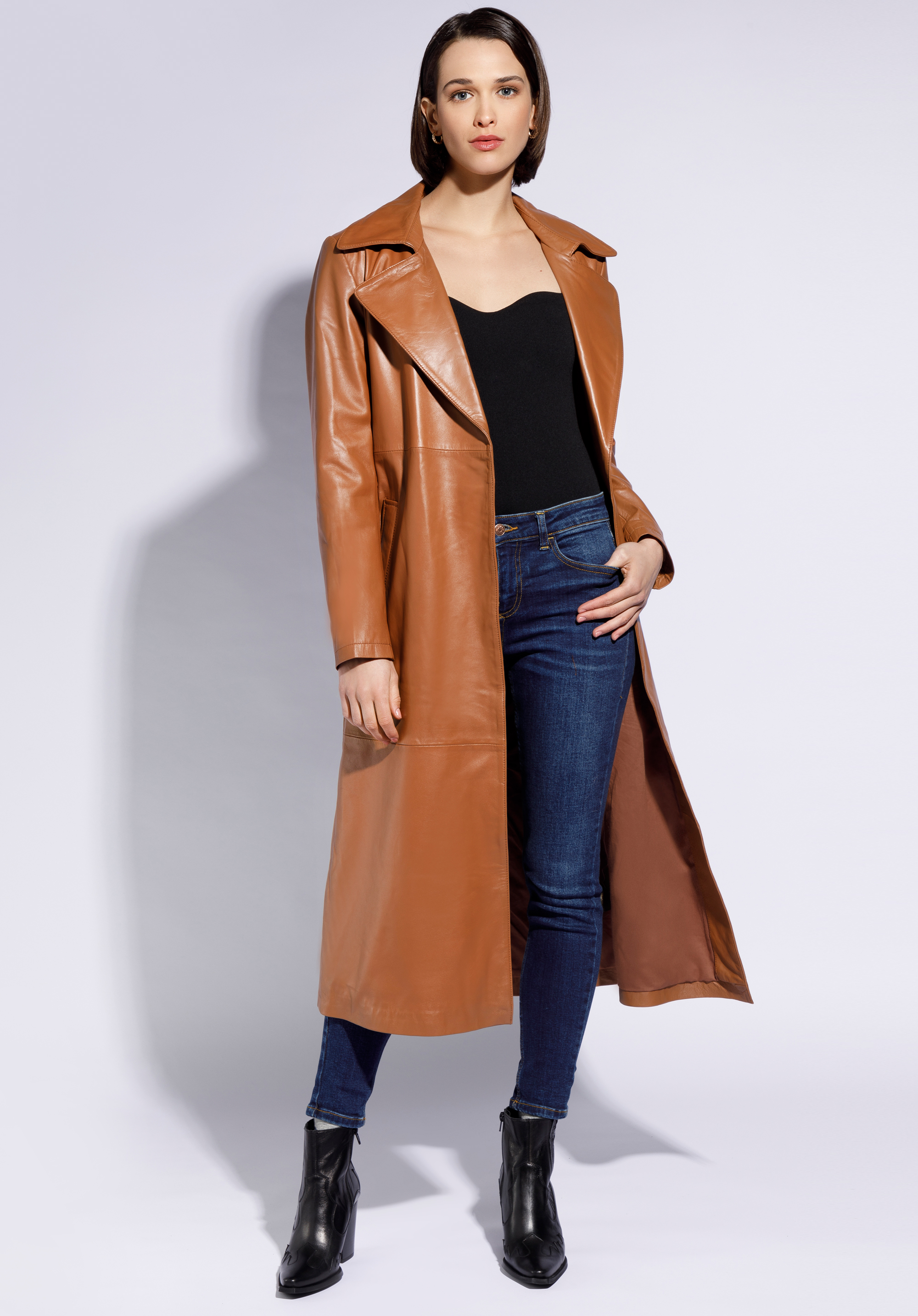 Damen Ledermantel mit Gürtel, braun, 96-09-802-5-XL, Bild 1