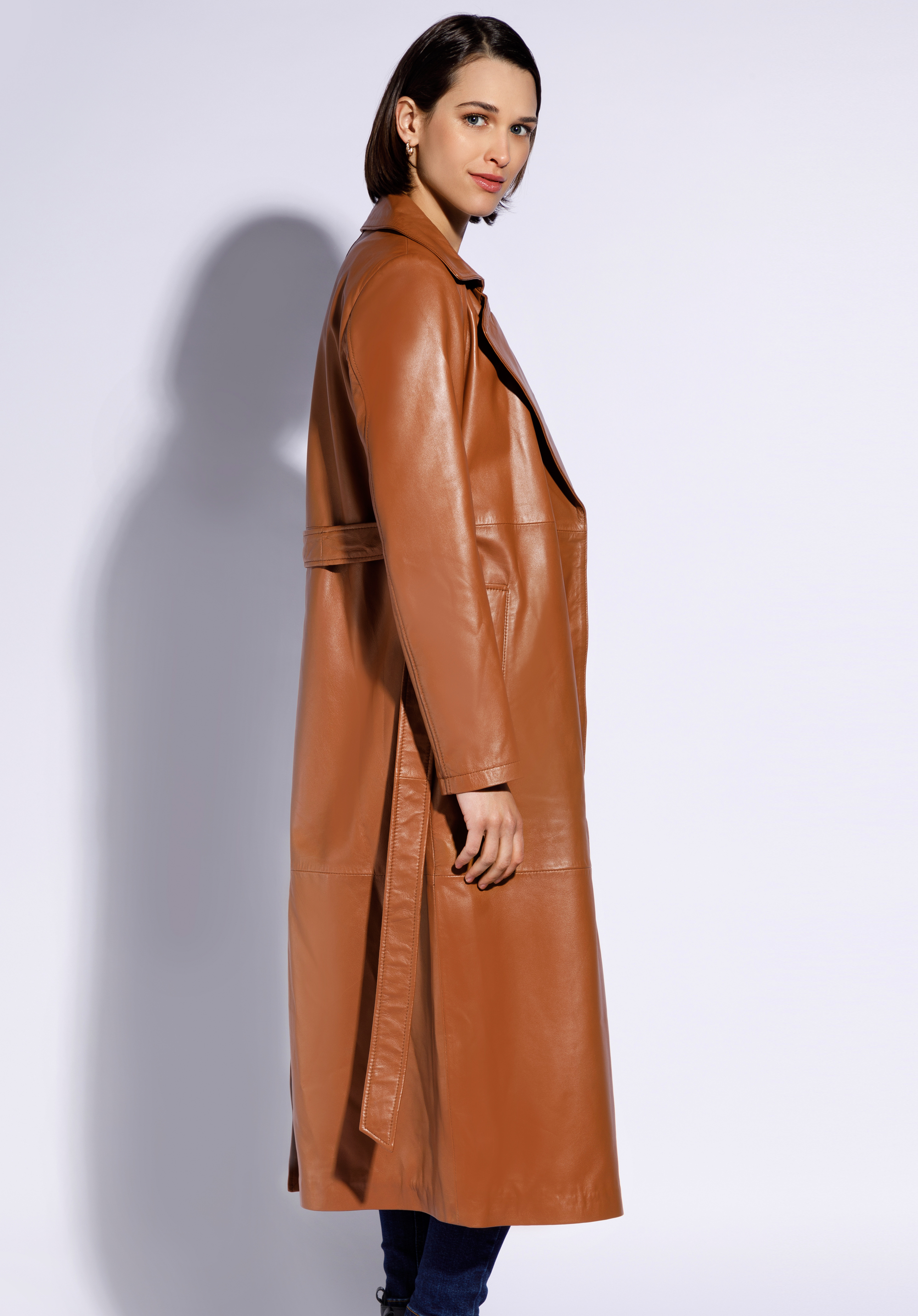 Damen Ledermantel mit Gürtel, braun, 96-09-802-5-XL, Bild 1