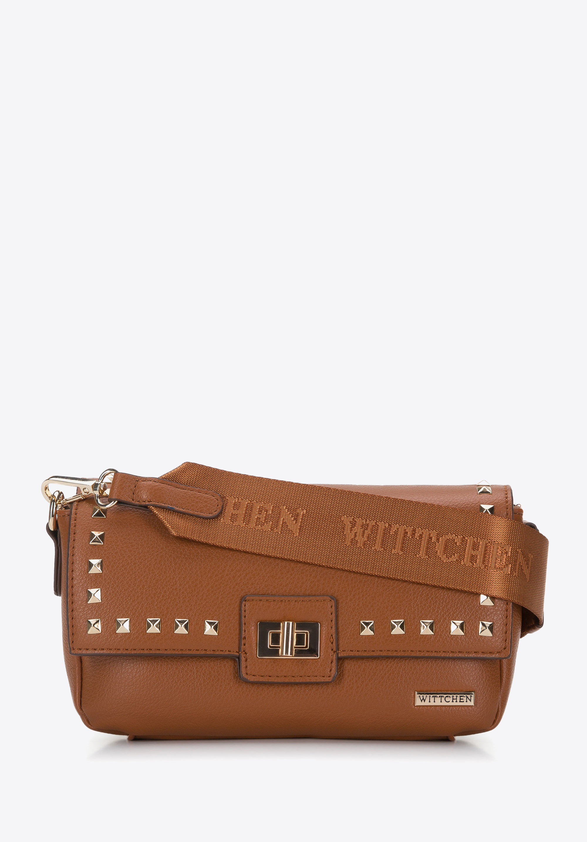 Damen-Umhängetasche mit genieteter Klappe, braun, 94-4Y-510-5, Bild 1