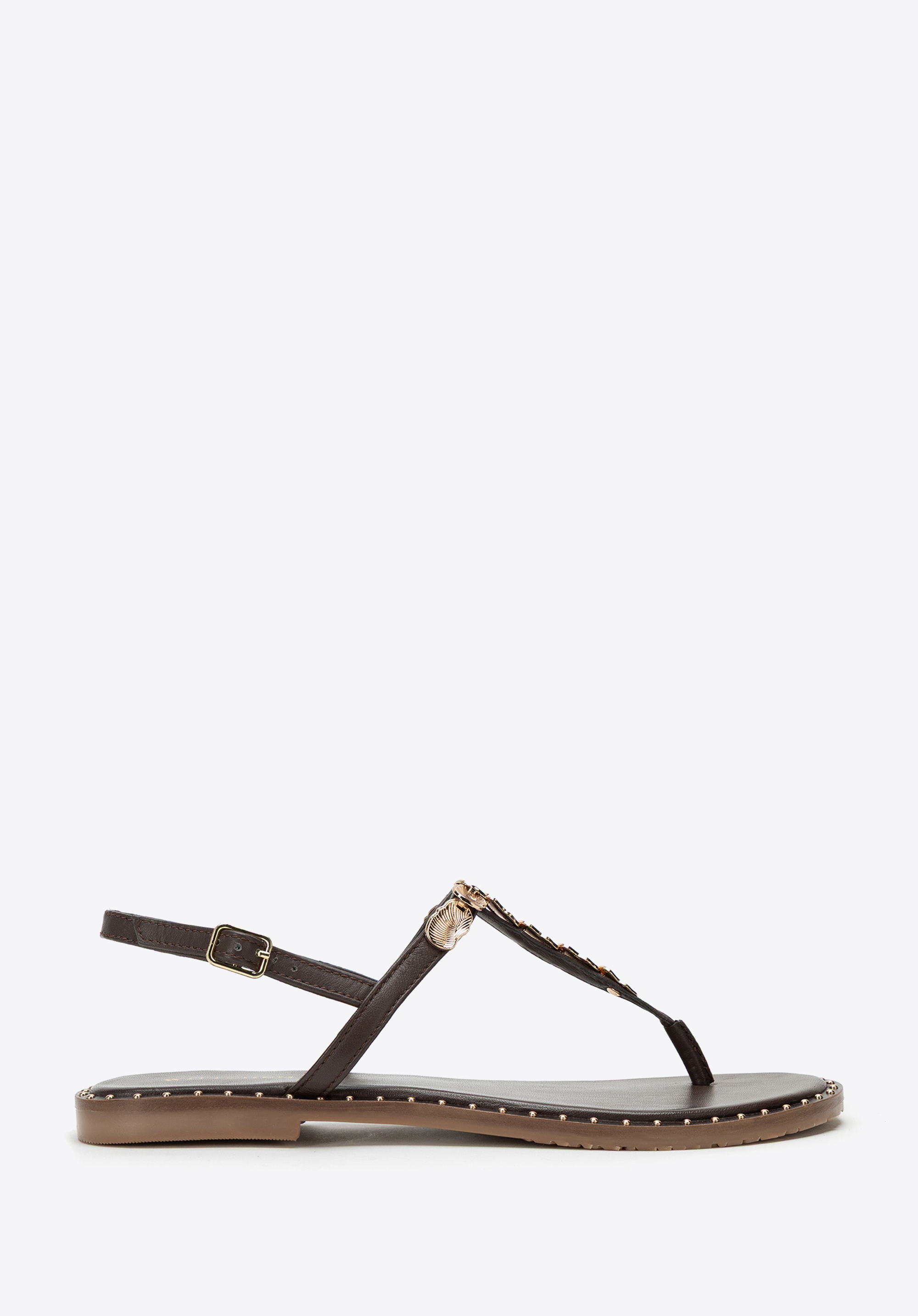 Damen-Zehenstegsandalen aus Leder mit Verzierungen, braun, 100-D-703-4-38, Bild 1
