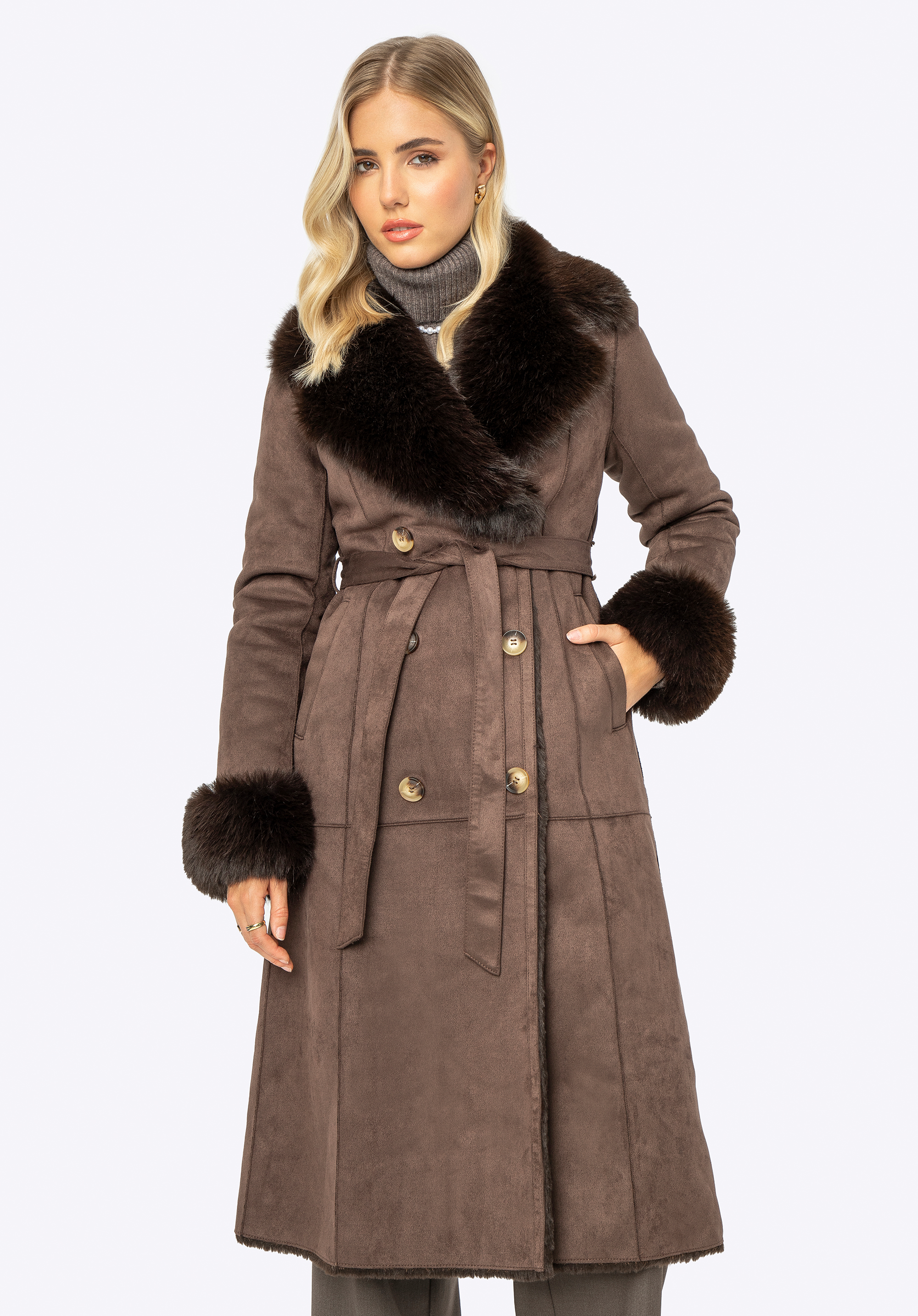 Damen Zweireiher Mantel mit Pelzkragen I WITTCHEN, braun, 99-9W-005-4-XL, Bild 1