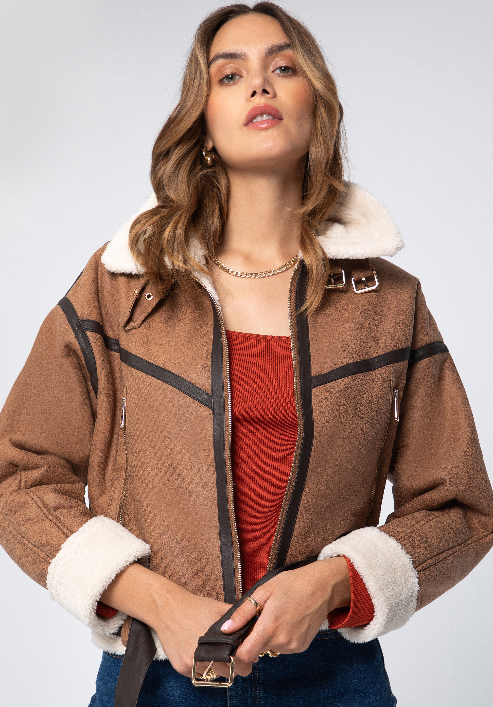 Damenjacke mit Kunstpelz und Gürtel -Oversize, braun, 97-9P-106-5-M, Bild 1