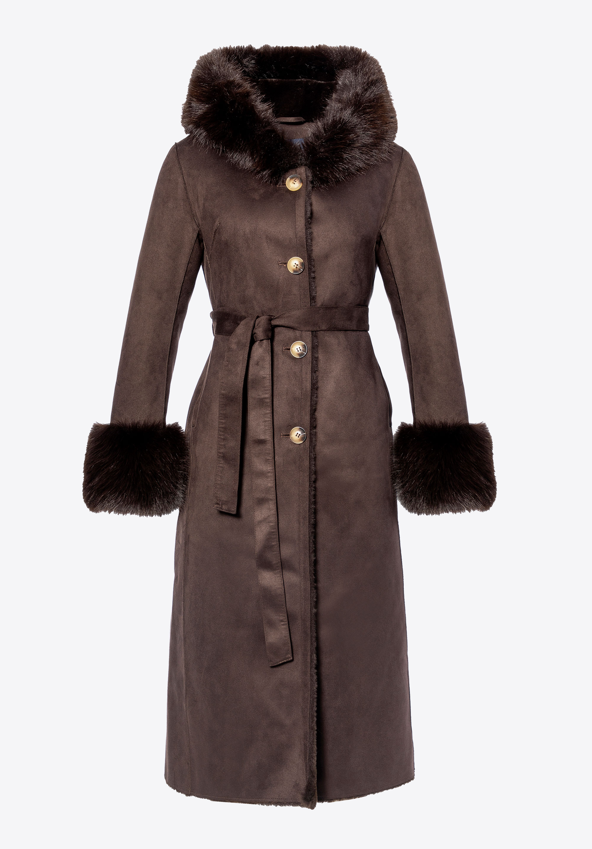 Damenmantel mit Kunstpelzkragen und Manschetten, braun, 101-9W-002-4-L, Bild 1