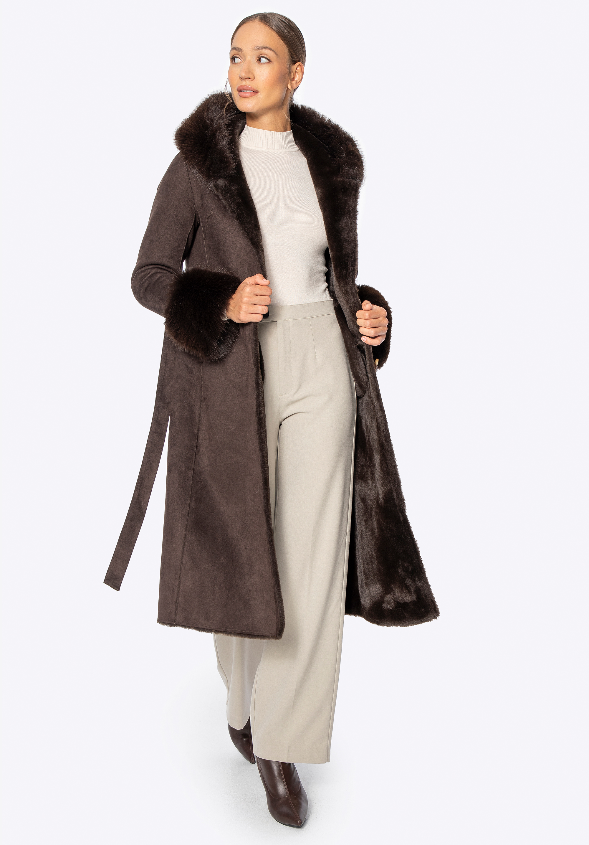 Damenmantel mit Kunstpelzkragen und Manschetten, braun, 101-9W-002-4-M, Bild 1