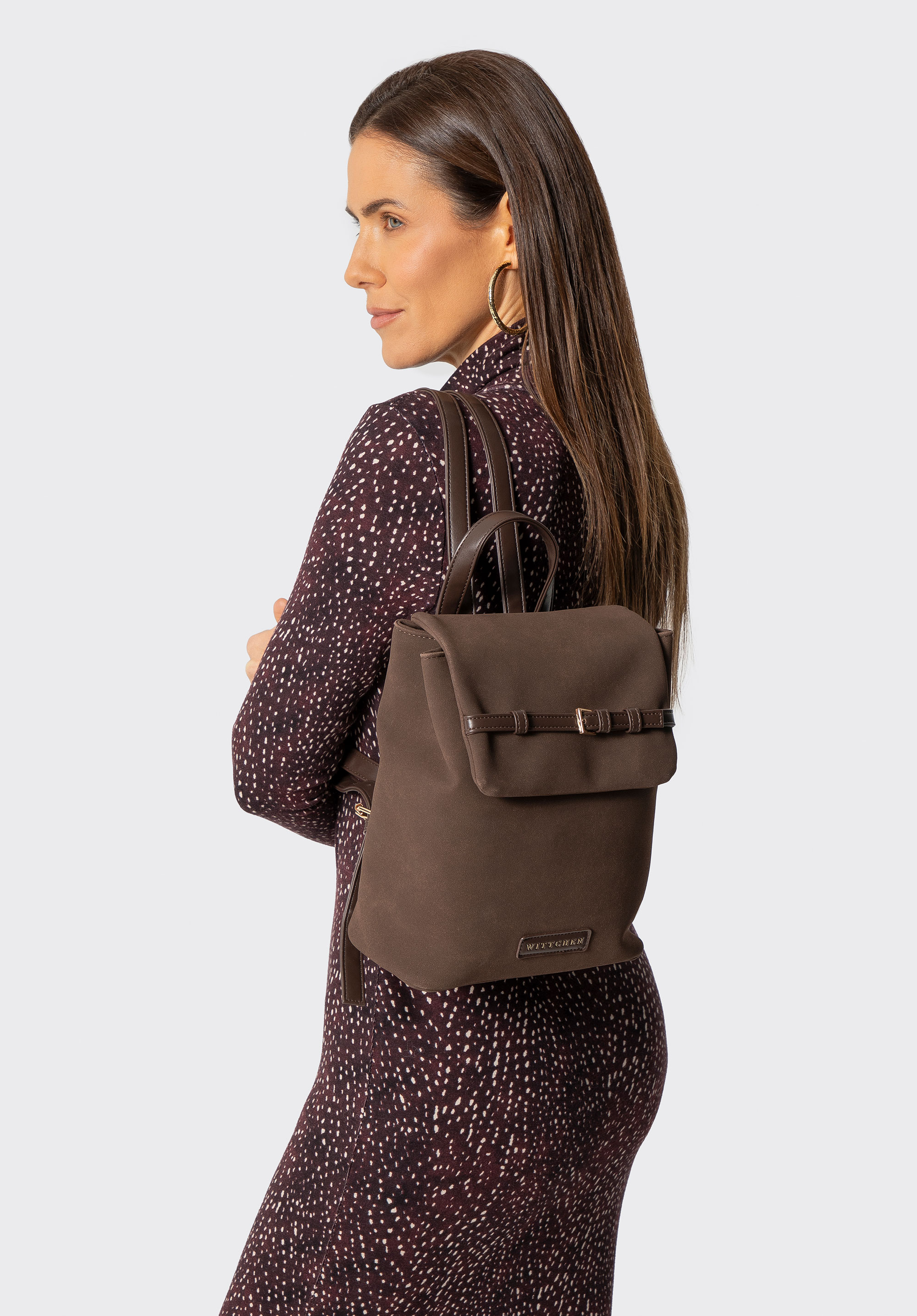 Damenrucksack aus Kunstleder mit dekorativem Riemen, braun, 101-4Y-421-4, Bild 1