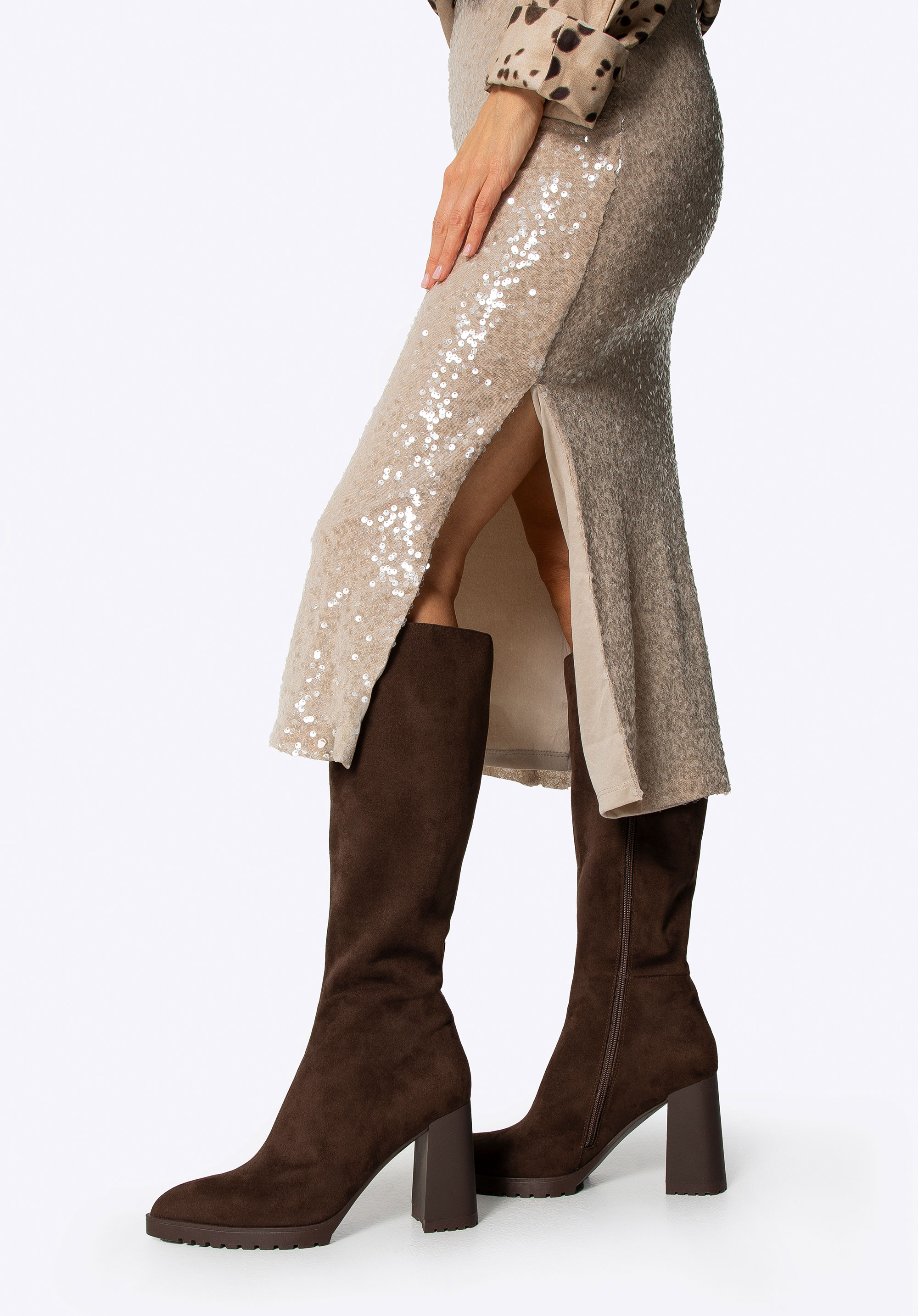 Damenstiefel mit Blockabsatz in Wildlederoptik, braun, 101-D-950-4-38, Bild 1