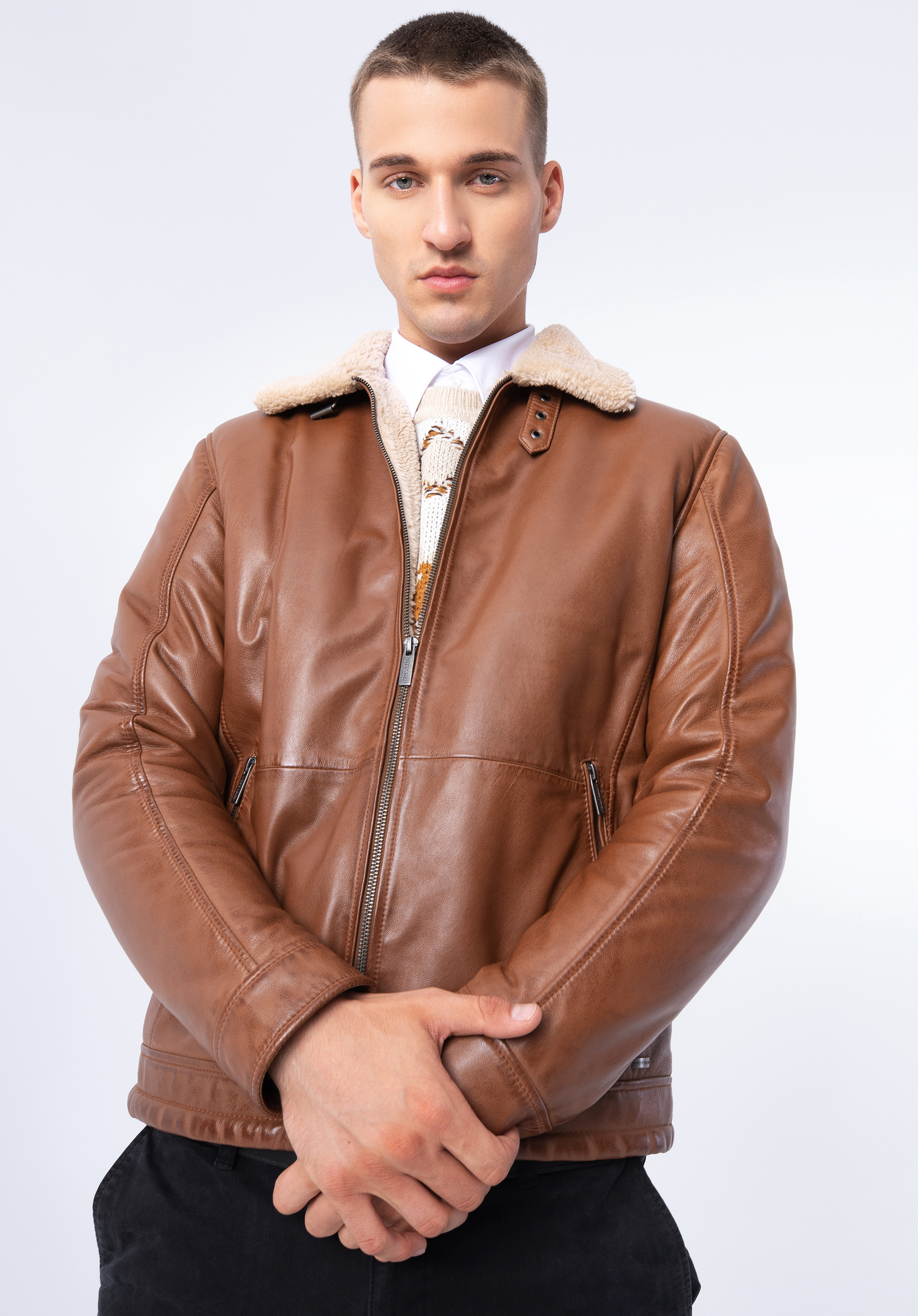 Pilotenjacke für Herren aus Leder mit Kunstpelz, braun, 97-09-857-5-L, Bild 1