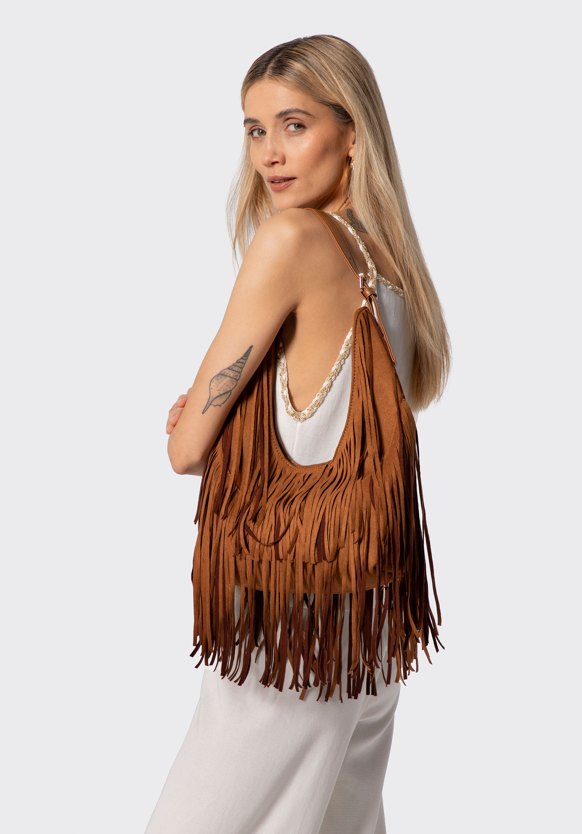 Große Schultertasche mit Fransen, braun, 102-4Y-410-5, Bild 1
