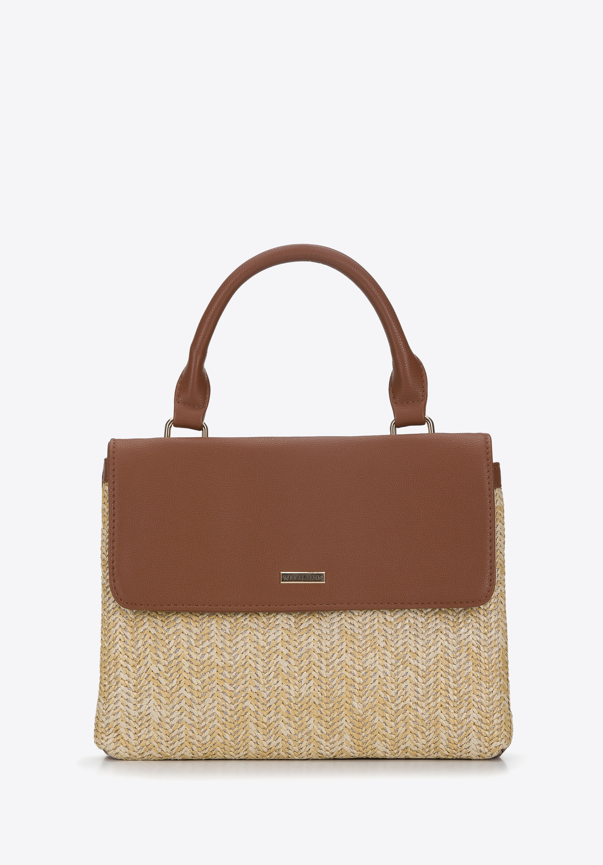 Handtasche mit Geflechtmuster und Klappe aus Ökoleder, braun, 94-4Y-215-5, Bild 1