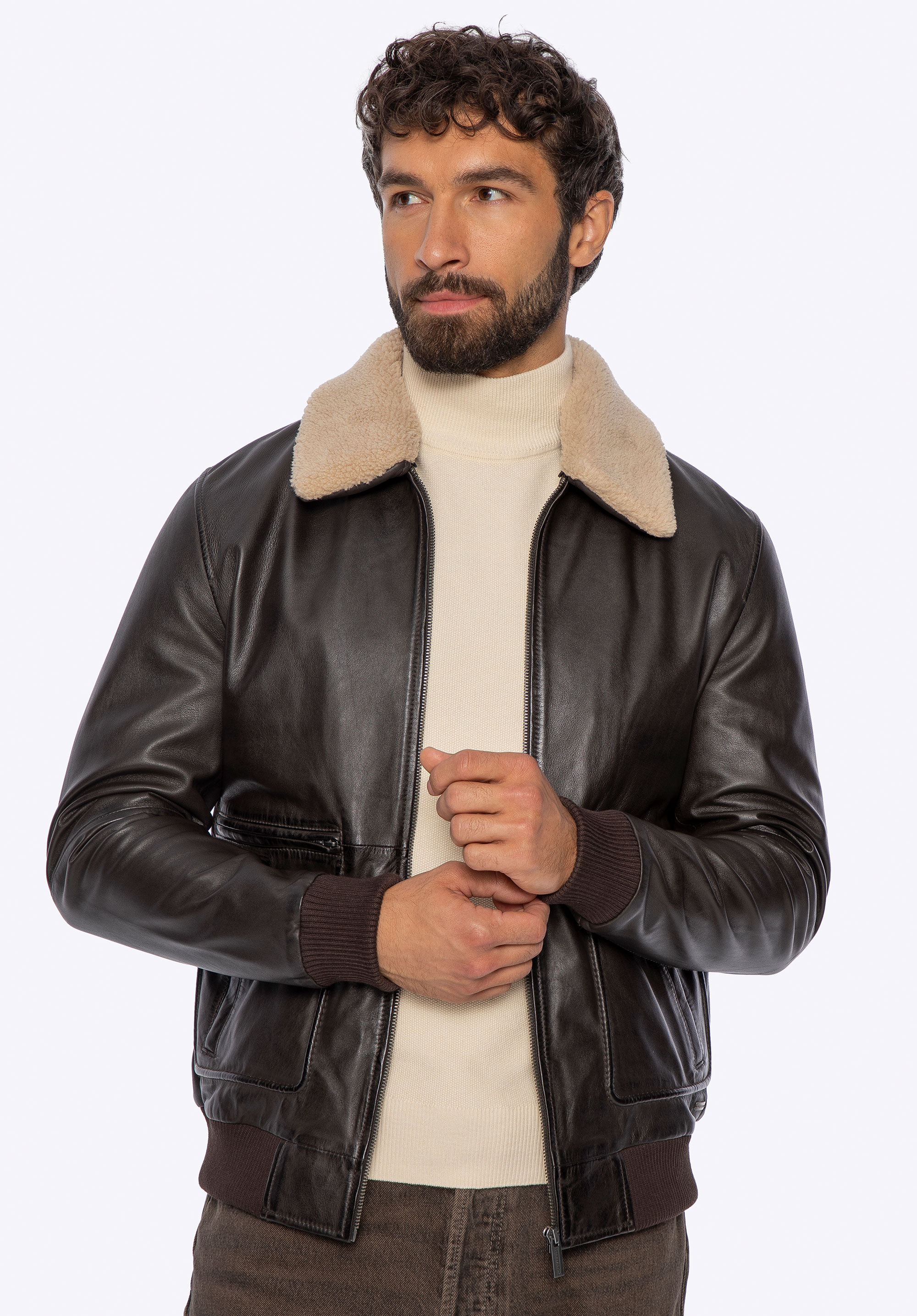 Herren Lederjacke mit Kunstfellkragen braun