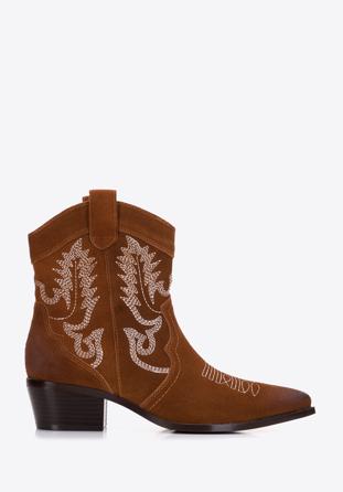 Kurze Cowboystiefel für Damen aus Wildleder mit Stickerei, braun, 97-D-856-5-36, Bild 1