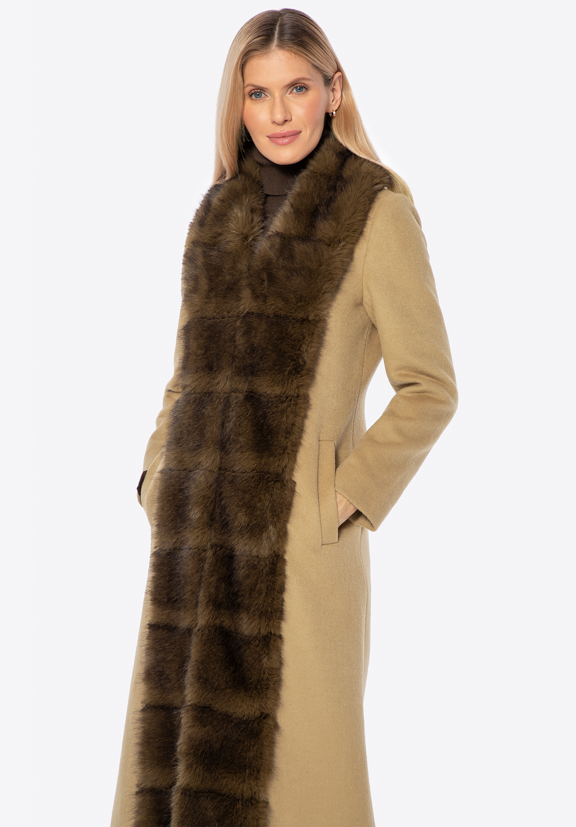 Langer Damenmantel aus Wollmischung mit Kunstfell, braun, 101-9W-502-5-S, Bild 1
