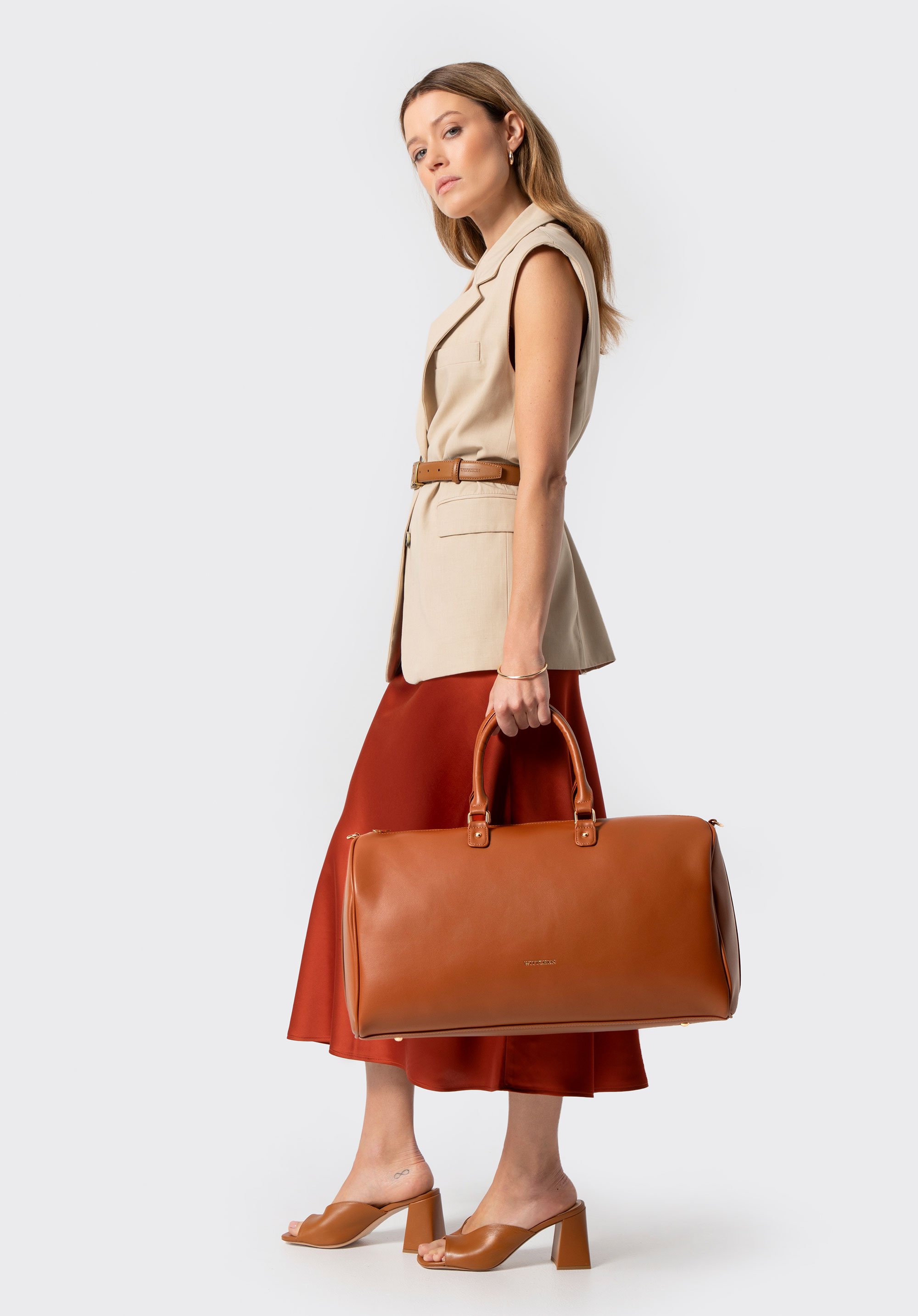 Reisetasche für Damen aus Kunstleder mit verstellbarem Riemen, braun, 102-4Y-906-5, Bild 1