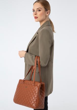 Shopper-Tasche aus gestepptem Öko-Leder mit zwei Fächern, braun, 97-4Y-617-5, Bild 1