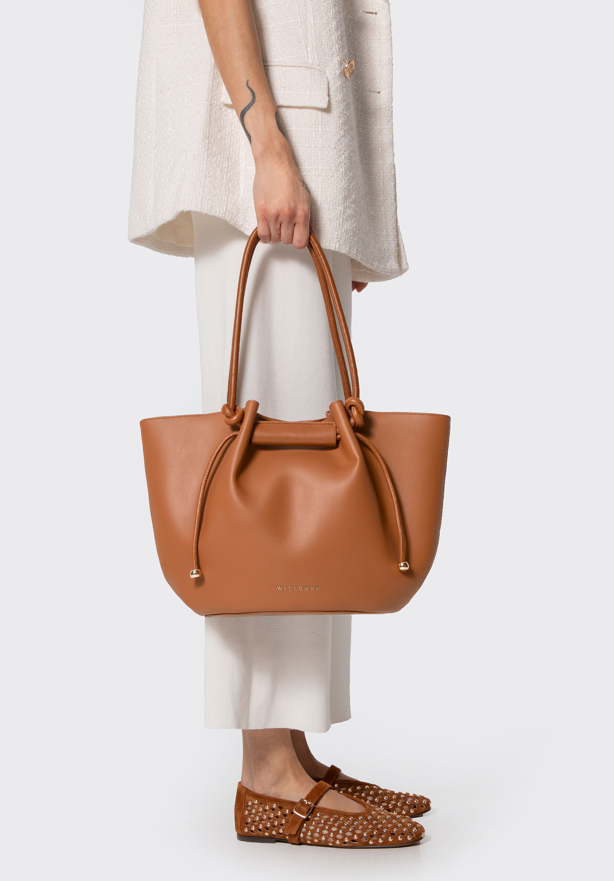 Shopper-Tasche für Damen aus Kunstleder mit Kordelzug, braun, 102-4Y-404-5, Bild 1