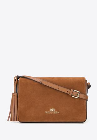 Überschlagtasche aus Leder für Damen mit Quastendetail, braun, 95-4E-624-44, Bild 1